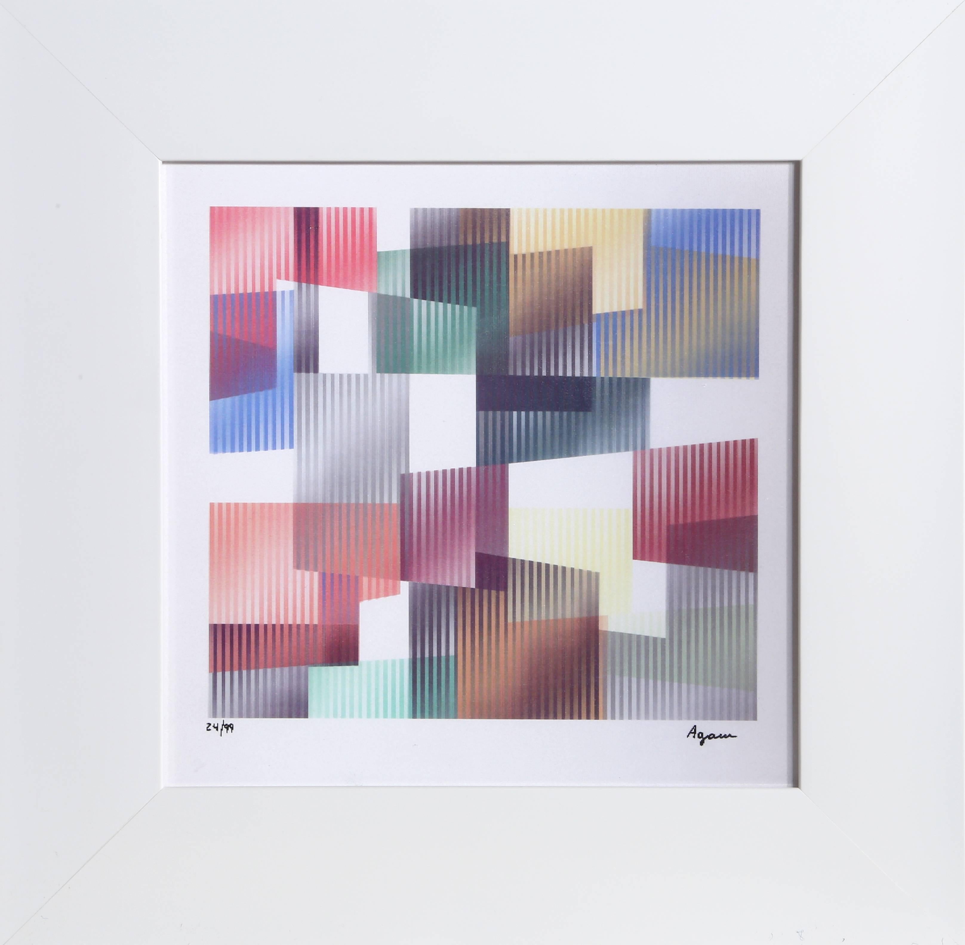 Artist: Yaacov Agam, Israeli (1928 - )
Title: Time from the Mobility Within Series
Medium: Agamograph, signed and numbered in ink
Edition: 99
Year: circa 2000
Size: 11  x 11.5 in. (27.94  x 29.21 cm)
Frame Size: 20.5 x 20.5 inches