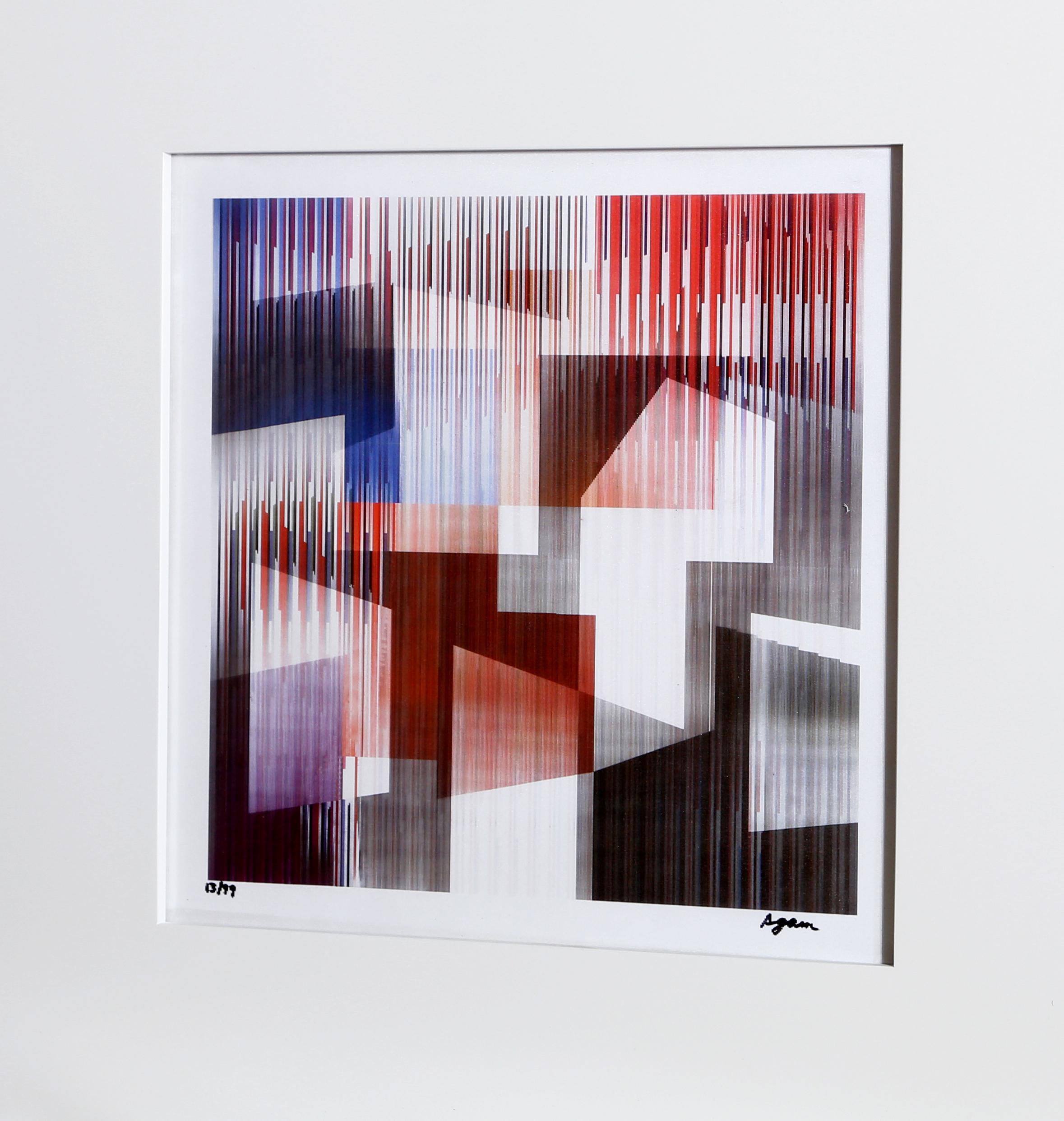 The Agamograph is Agam’s unique contribution to the OP Art movement. The object is a print behind a lenticular surface that fools the eye to show movement and three-dimensional depth. The work is hand-signed and numbered in marker by the