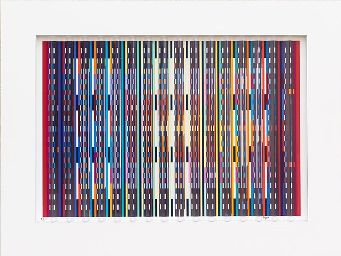 Yaacov Agam
"Fascination"
1995
Prismograph, Color Serigraph with Transparent Prisms.
“Fascination” is a 3-Dimensional self-framed 69-color serigraph wall sculpture with an integral white frame.
It incorporates sixteen hand-cut and polished vertical