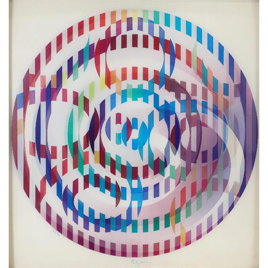 Yaacov Agam (Israeli, b. 1928), 
'Image of the World', titled by hand on the reverse
Agamograph (lenticular plastic with laminated color screenprint)
Signed in pen lower right, edition 73/99
Image (oval): 14