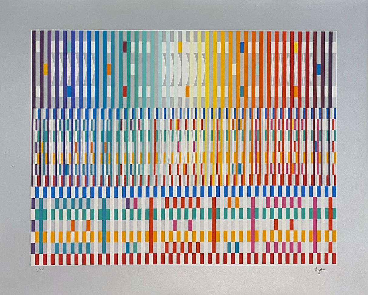 Artist: Yaacov Agam
Title: The Blessing
Medium: Screenprint in colors on Arches
Year: 1990
Edition: 44/54
Sheet Size: 30" x 42"
Image Size: 27 1/8" x 33 1/2"
Signed: Hand signed and numbered