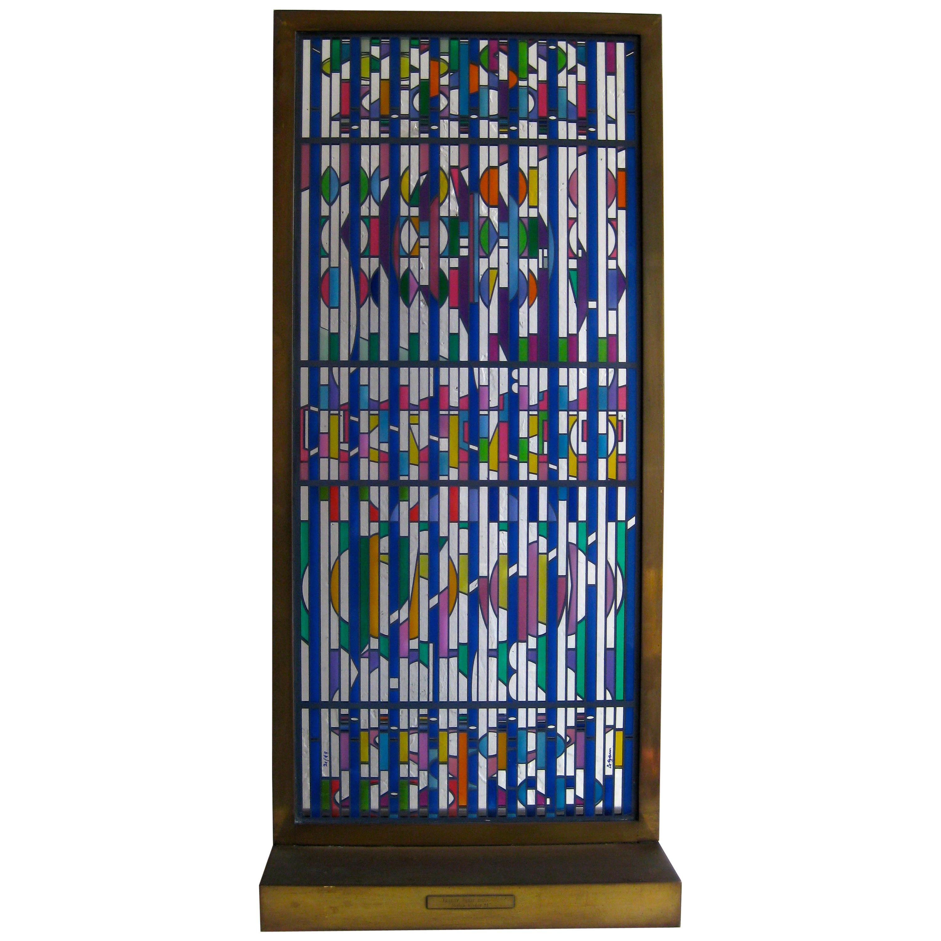 Yaacov Agam Shalom Window I Lighted Acrylic Stained Glass Brass Sculpture 21/99 For Sale