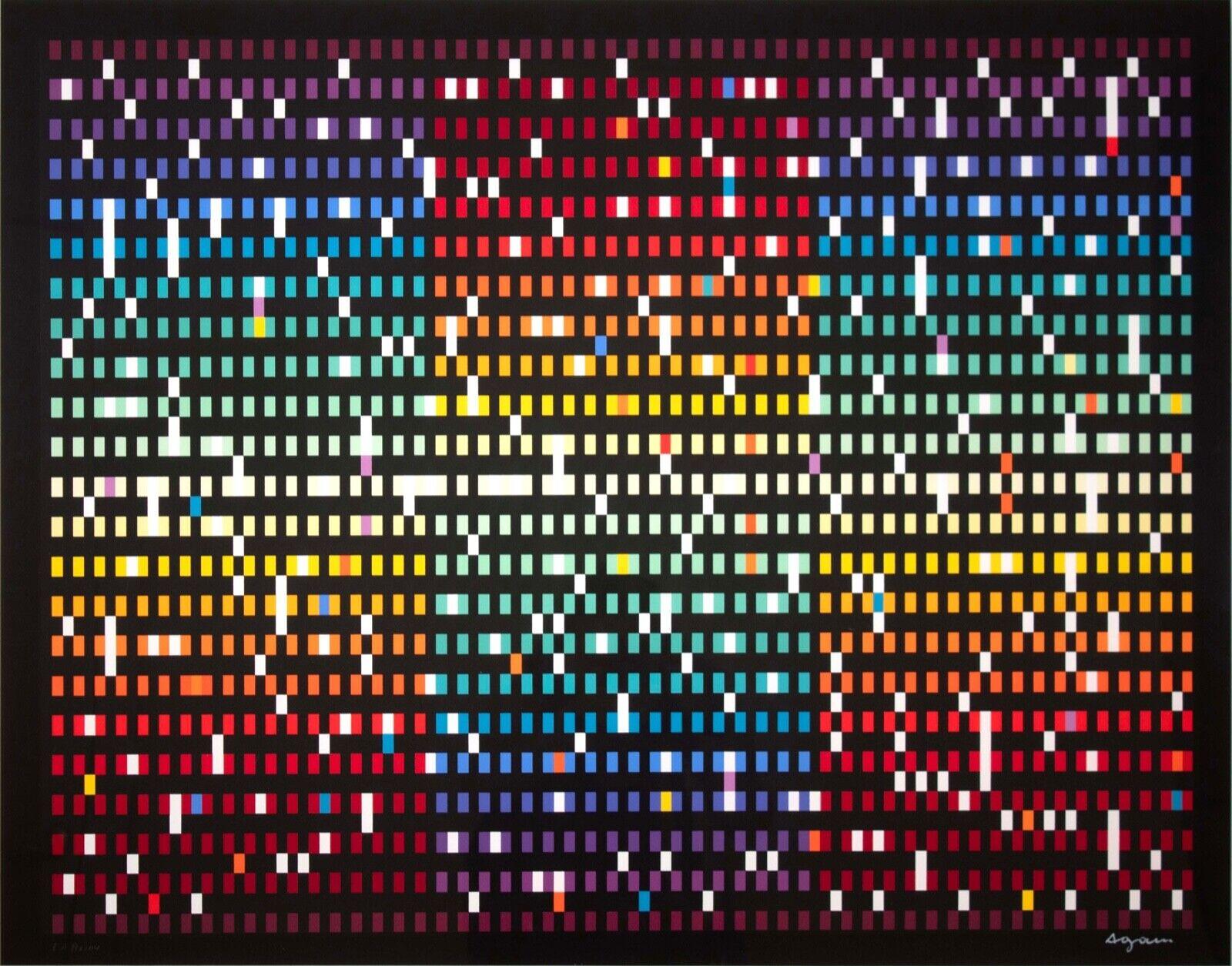 A showstopping Op Art Serigraph on paper by the Father of Kinetic Art, Yaacov Agam. Signed in white on the bottom right with an EA annotation Aveny bottom left. 