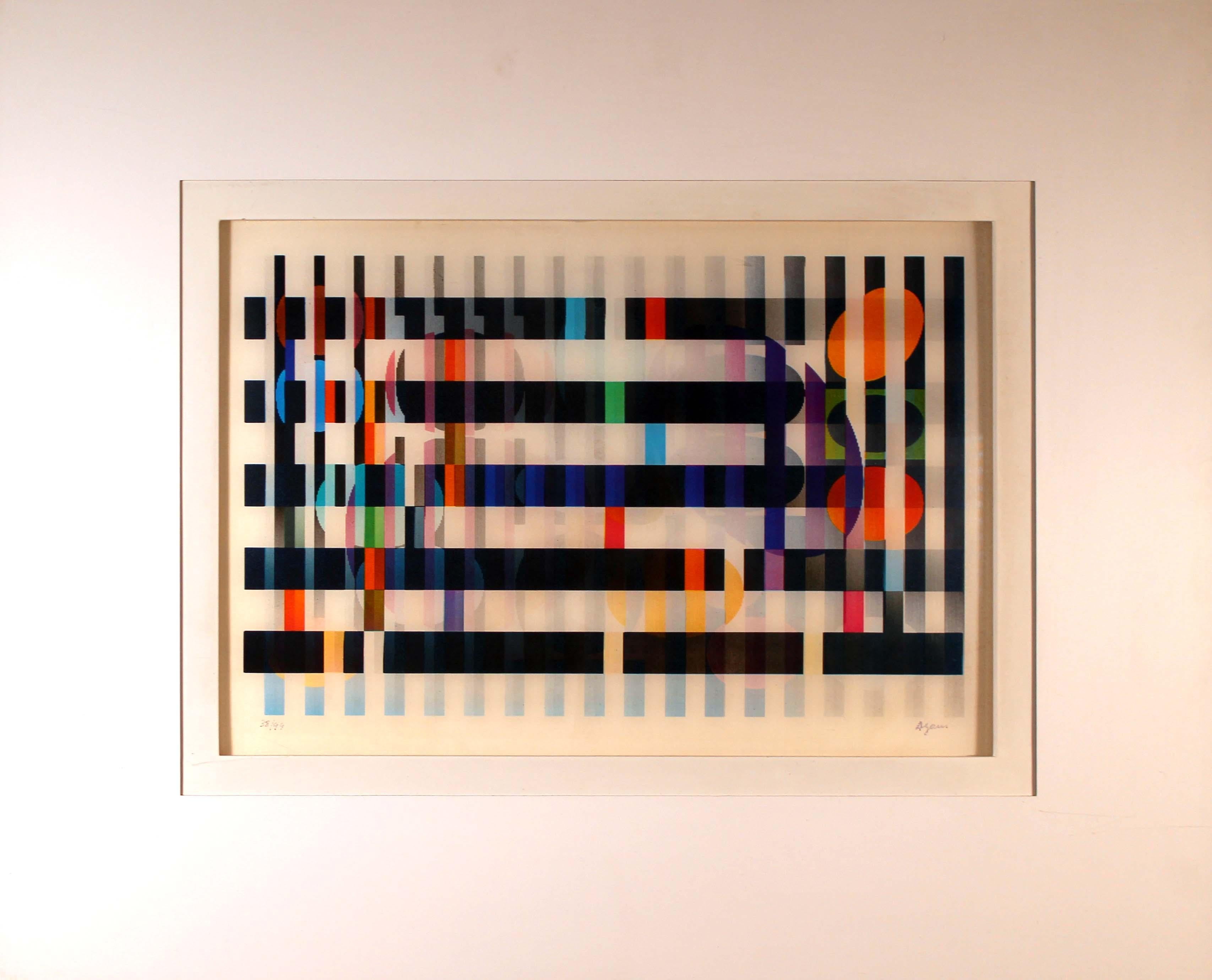 A spiritual op art Agamograph titled “Visual Orchestration” by the Father of Kinetic Art, Yaacov Agam. Signed on the bottom right with an annotation of 38/99 on the bottom left. The artwork is comprised of a lithographic image viewed through a