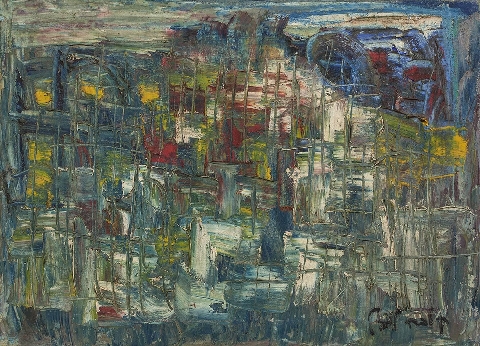 Paysage urbain israélien Peinture à l'huile expressionniste abstraite Yaacov Kuba Leibel