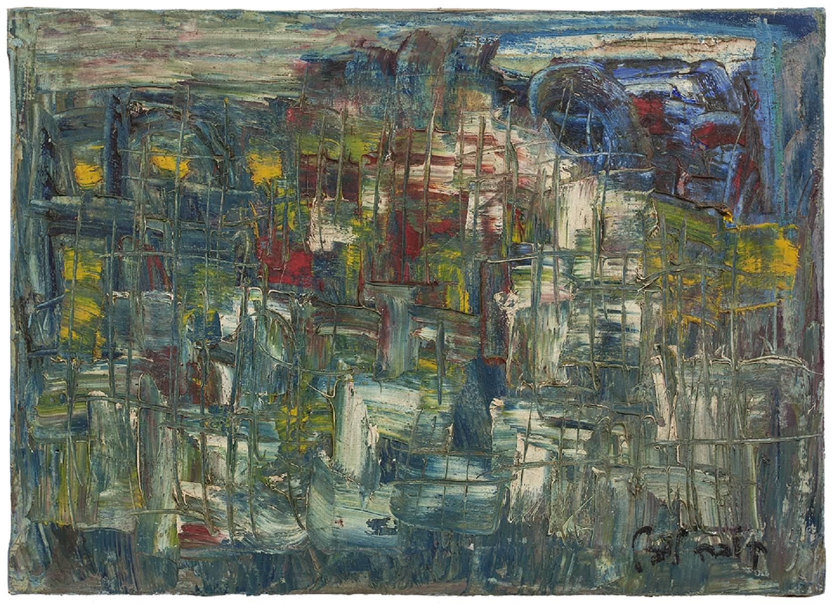 UNTITLED (ABSTRACT BLUE CITYSCAPE) - Painting by Yaakov Loebel