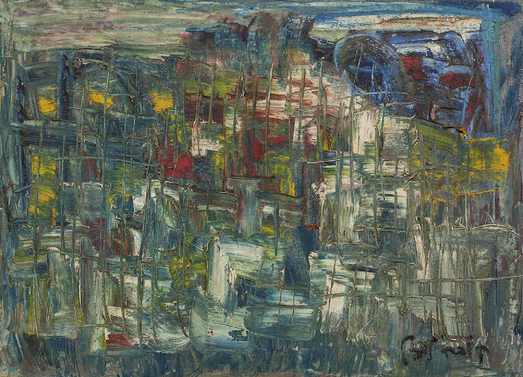 Yaakov Loebel Abstract Painting - UNTITLED (ABSTRACT BLUE CITYSCAPE)