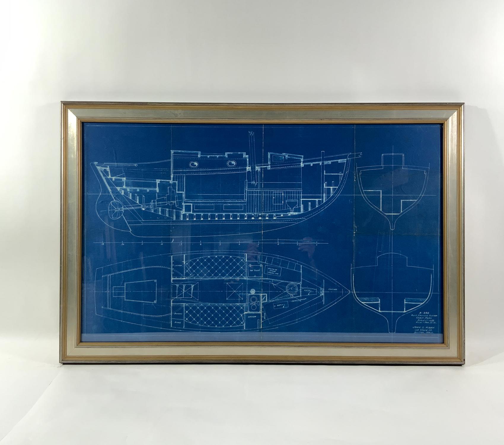 Detailed original blueprint for Project 209 from John G Alden, Naval Architect, 148 State St., Boston. This is a cabin plan for an auxiliary cruising cutter. Scale is 1 inch = 1 foot. Dated March 31, 1931. This vessel was built for the American