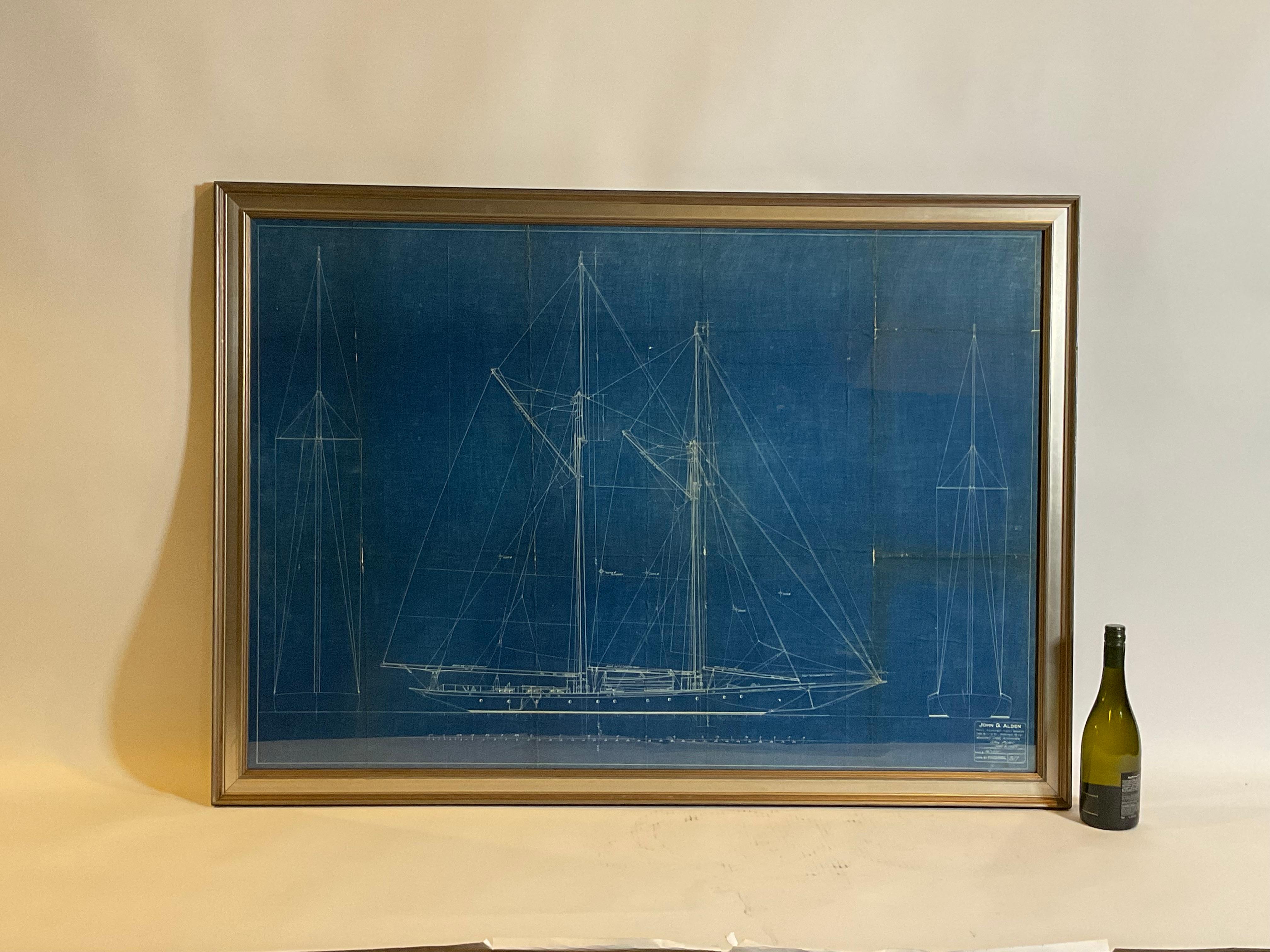 Original sail plan blueprint for an auxiliary steel schooner from naval architect John G Alden of 148 State Street in Boston. Shown as design 317, dated May 2, 1927. This is a grand plan showing a graceful yacht in great detail. Showing all mast and