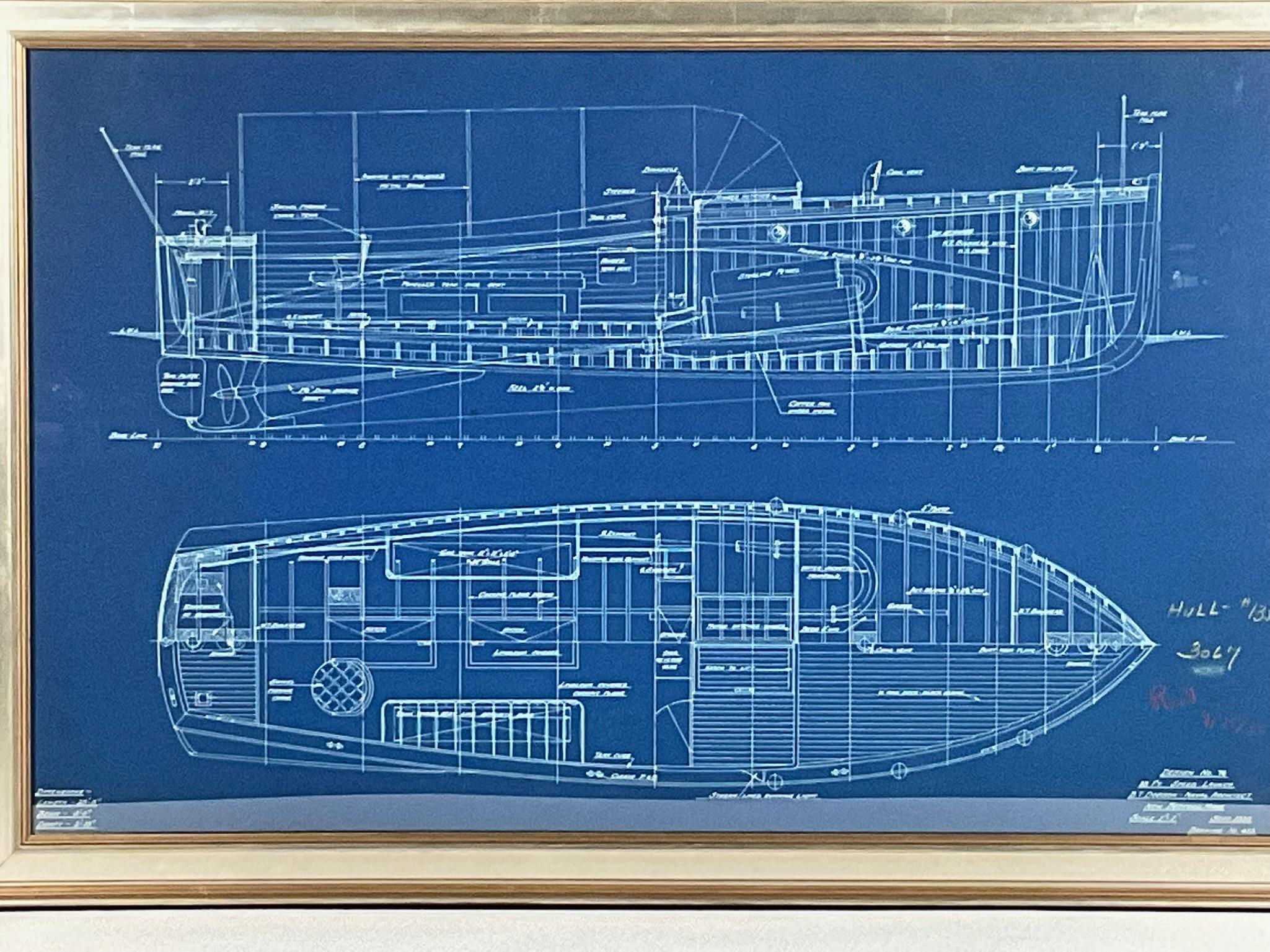 Mid-20th Century Yacht Blueprint of a Launch by B.T. Dobson Naval Architect. For Sale