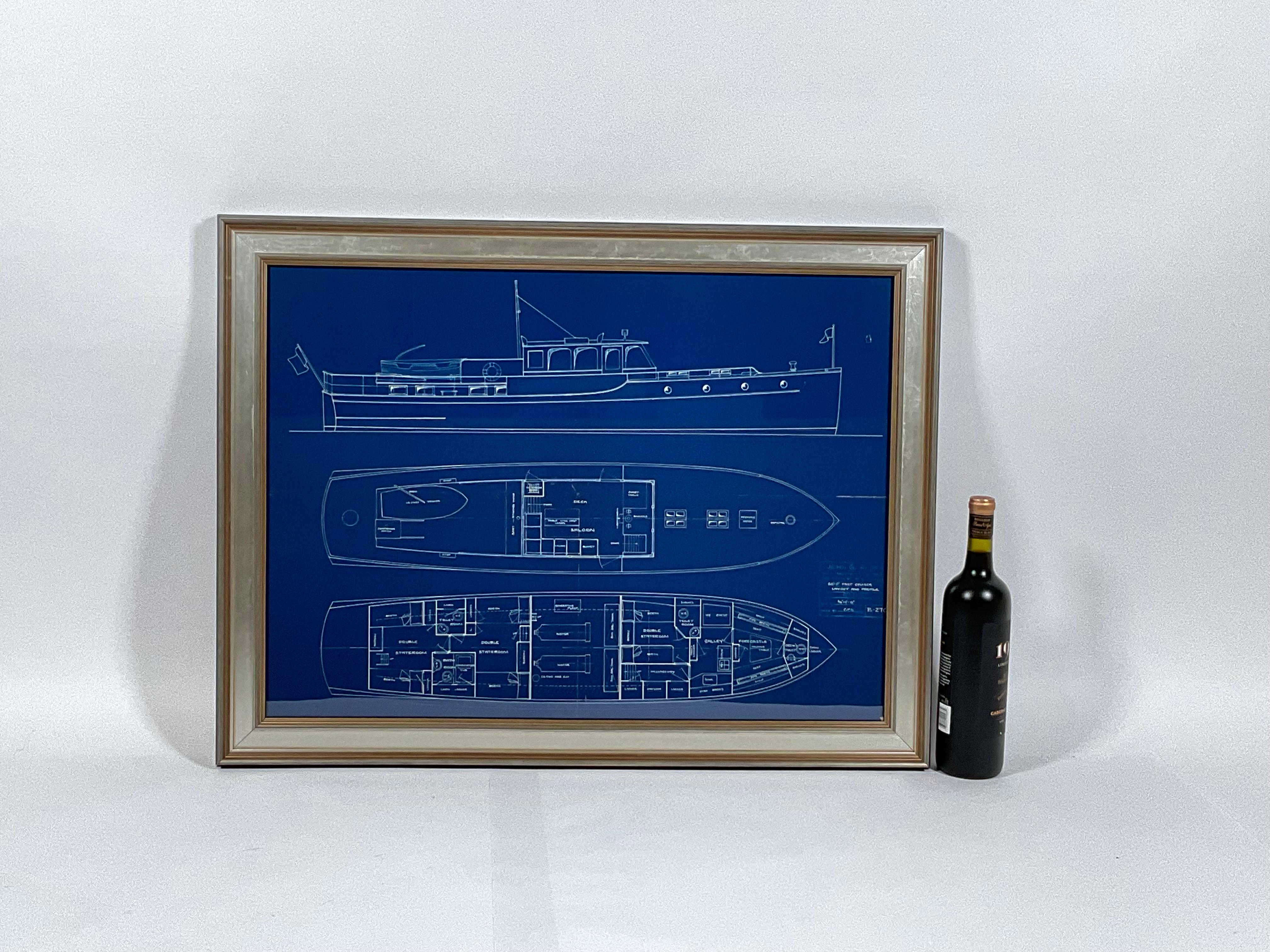 John G. Alden yacht blueprint of a sixty-foot fast cruiser. This is a layout and profile. Stately design with great proportions. Layout includes wheel house, cabin, saloon, three staterooms, galley, crew’s quarters, ten-foot tender on swing davit.