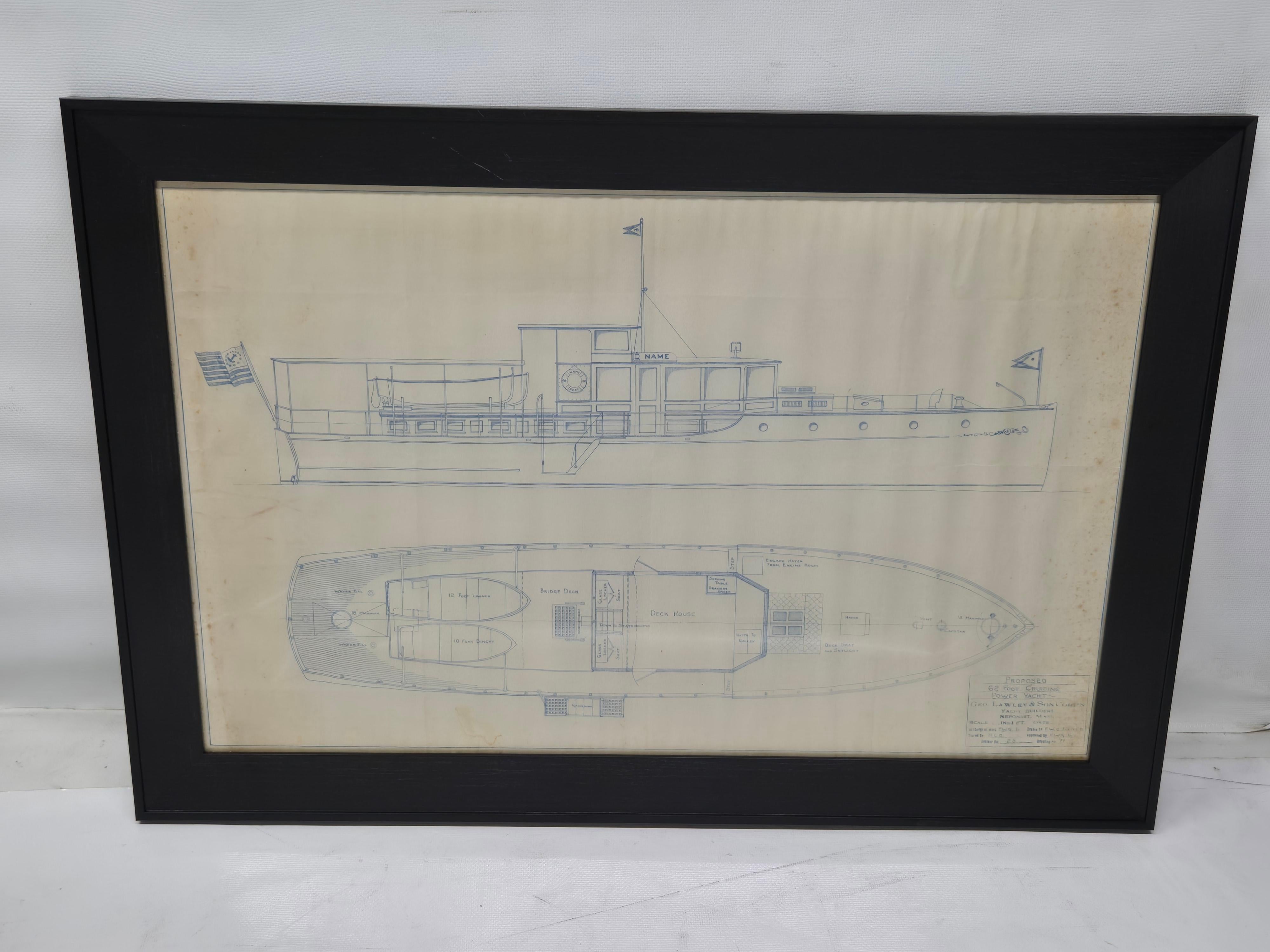 Fino dibujo de yate de la estimada George Lawley and Sons Corporation, constructores de yates, Neponset, Mass. El plano muestra el perfil de una cabina con astas, ventanas, botadura, claraboyas, salvavidas, etc. La cubierta muestra la lancha, el