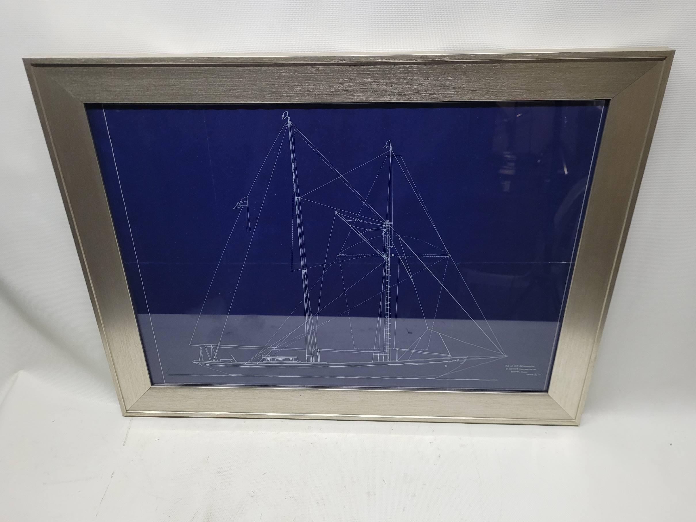 Naval architect's blueprint by Arthur Shuman Jr. of a two-masted schooner yacht. Sleek design with a single deckhouse, showing mast and rigging layout. The foremast is rigged with a single cross spar. Arthur Shuman Jr. was a noted naval architect in