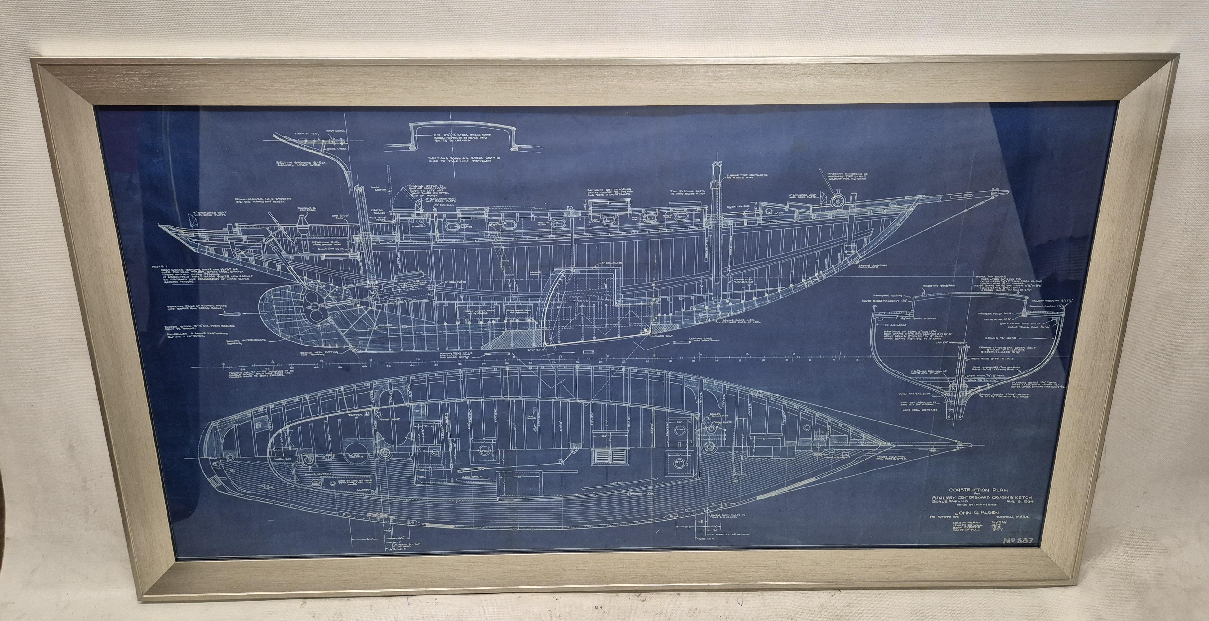 Spettacolare progetto dello yacht John Alden, progetto 587, con legenda: Piano di costruzione, Ketch da crociera con asse centrale ausiliario, scala 3/4 di pollice per un piede. Datato 6 agosto 1934, realizzato da W. McNary. John G. Alden, 131 State