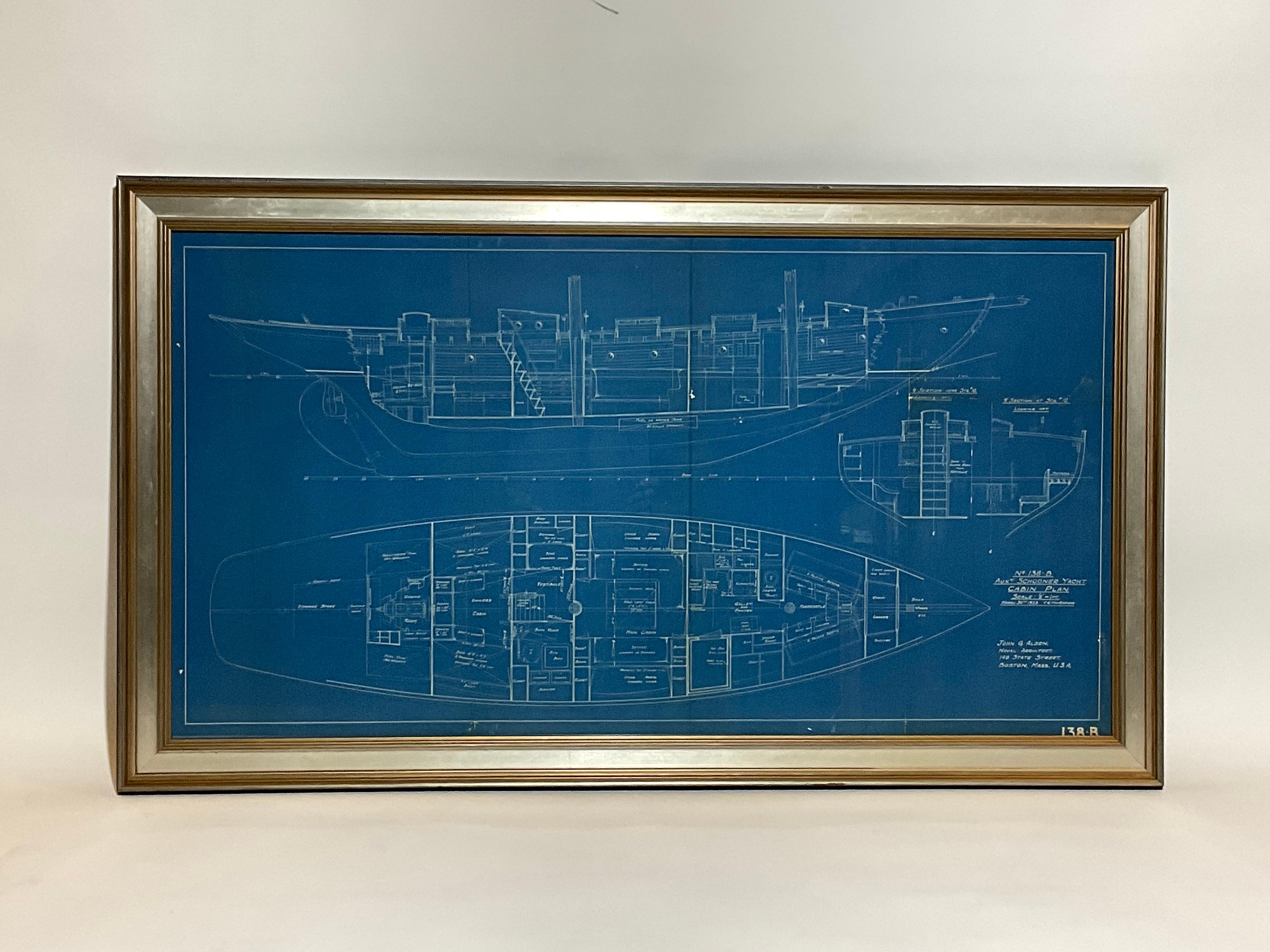 North American Yacht Blueprint Showing Cabin of Sixty Two Foot Schooner For Sale