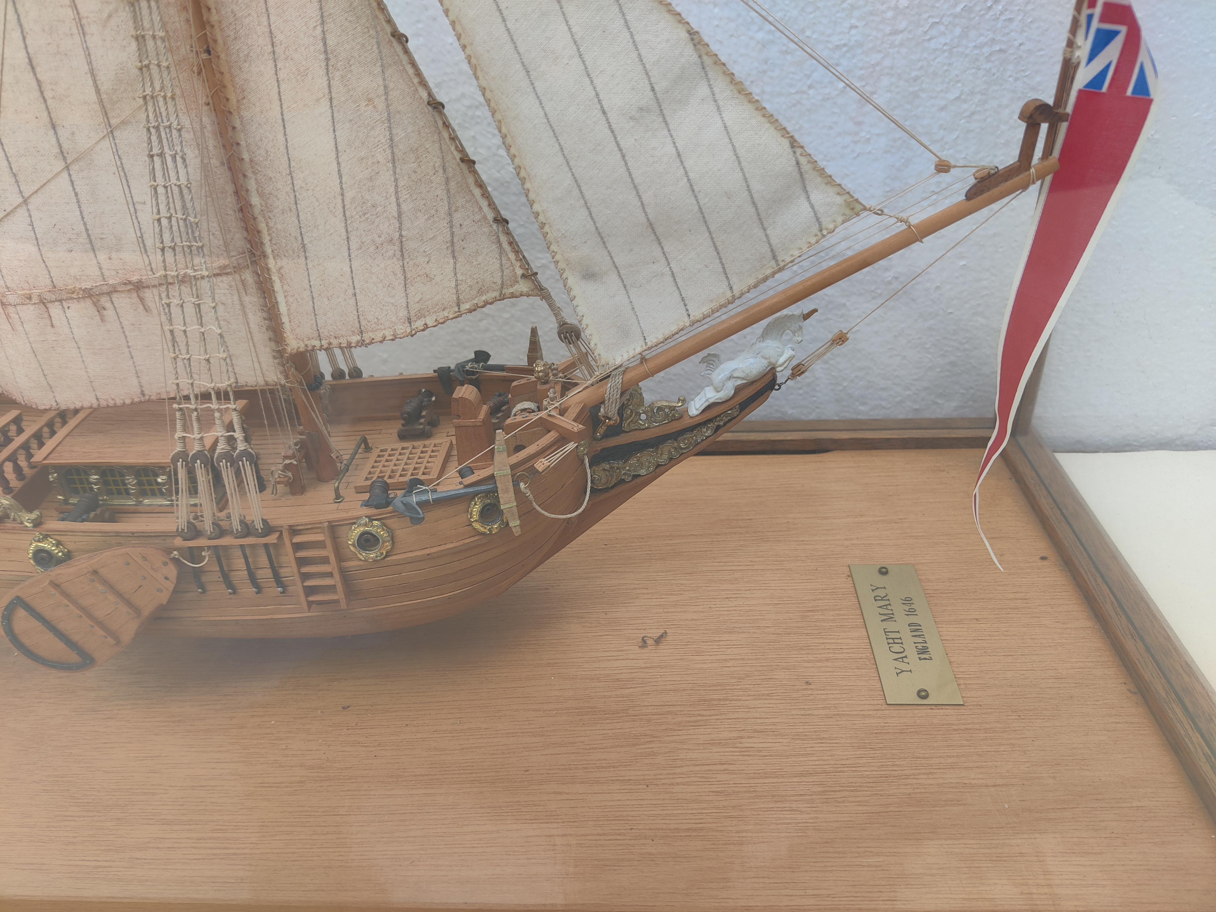 Yacht Mary Model Ship in Glass Oak Display Case For Sale 7