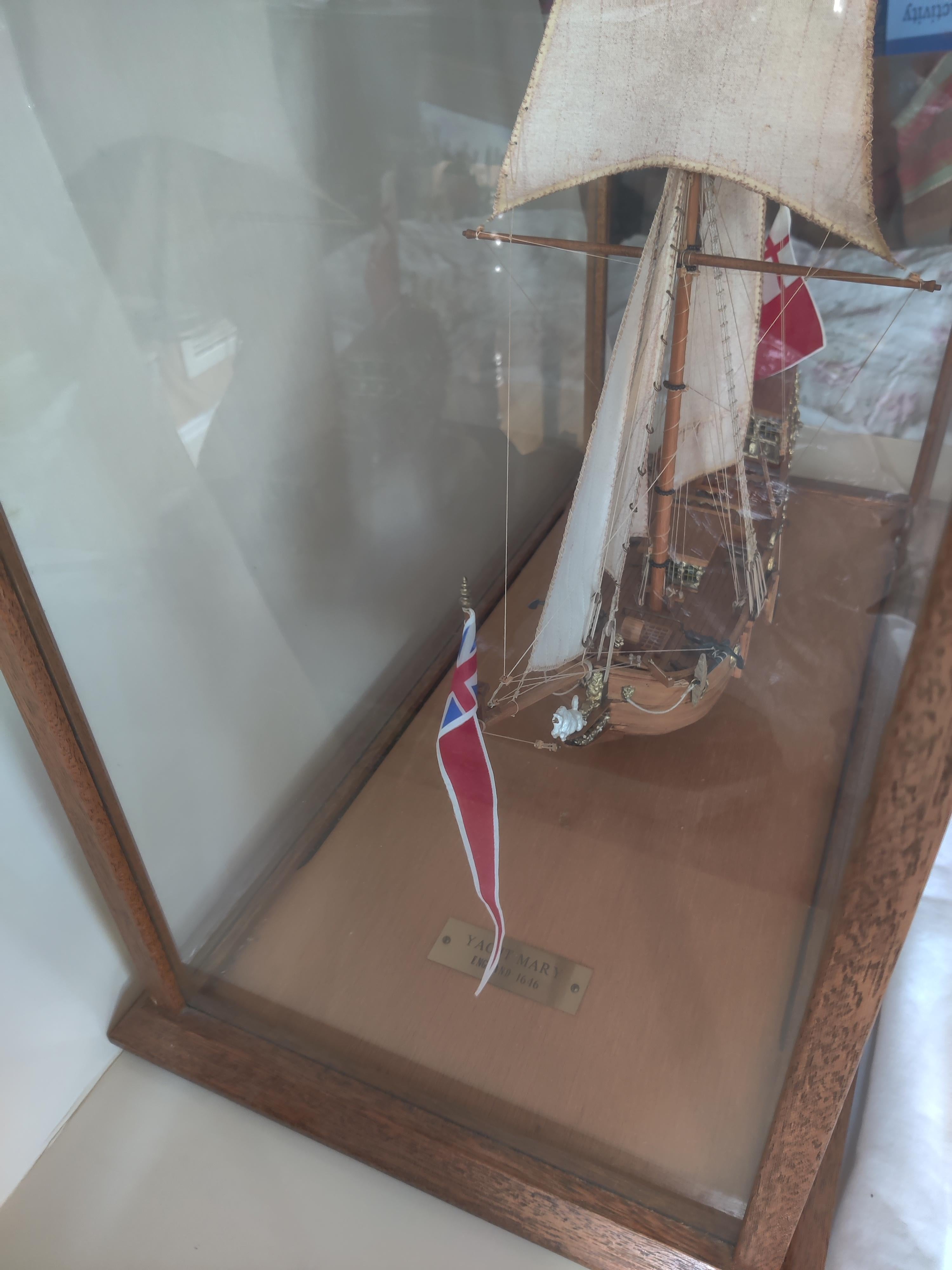 Unknown Yacht Mary Model Ship in Glass Oak Display Case For Sale