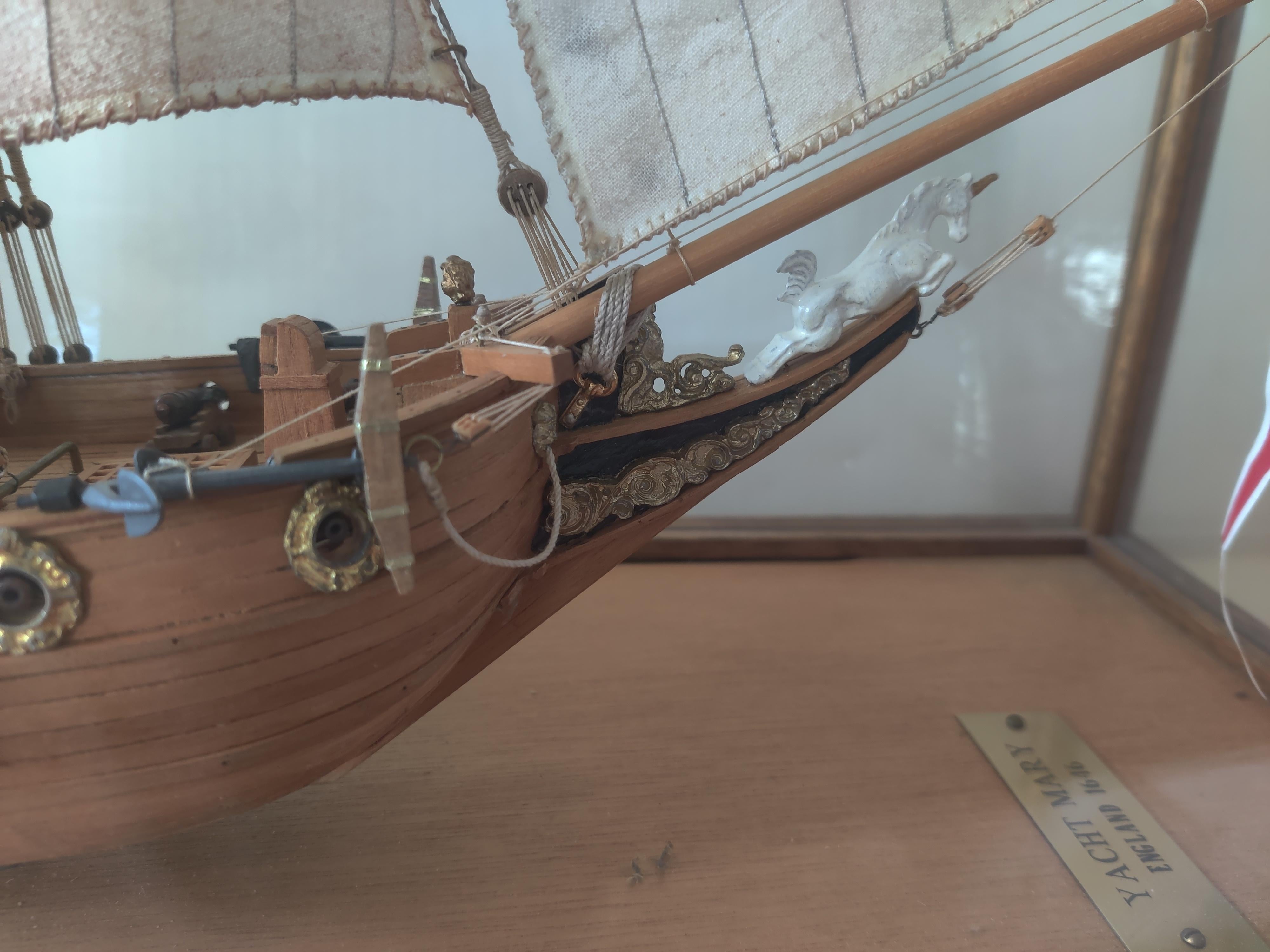 Yacht Mary Model Ship in Glass Oak Display Case For Sale 3