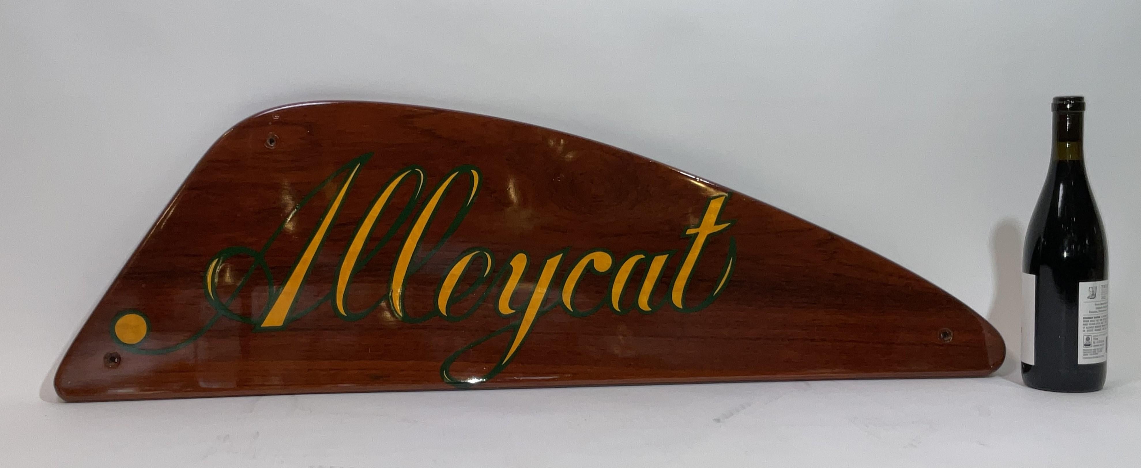 Mahogany boat nameboard from the yacht Alleycat. The name is hand painted in a fancy script. Pierced with three mounting holes.

Weight:    7 lbs.
Overall Dimensions:    12