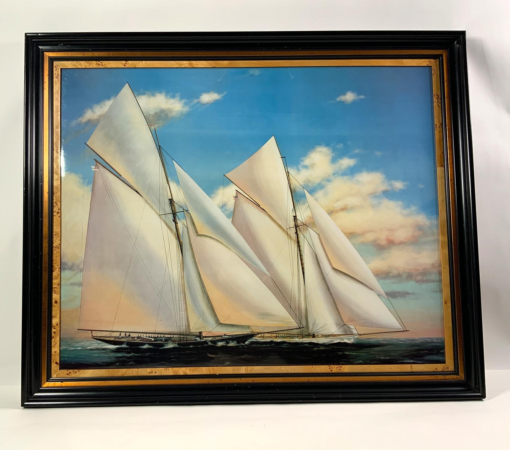 Colorful piece of maritime art showing two large gaff rigged yachts with flying club sails. Flying racing through calm seas. Professionally framed. Crisp detail. Some sort of high def image reproduction. Very vibrant. Large format.

Weight: 21