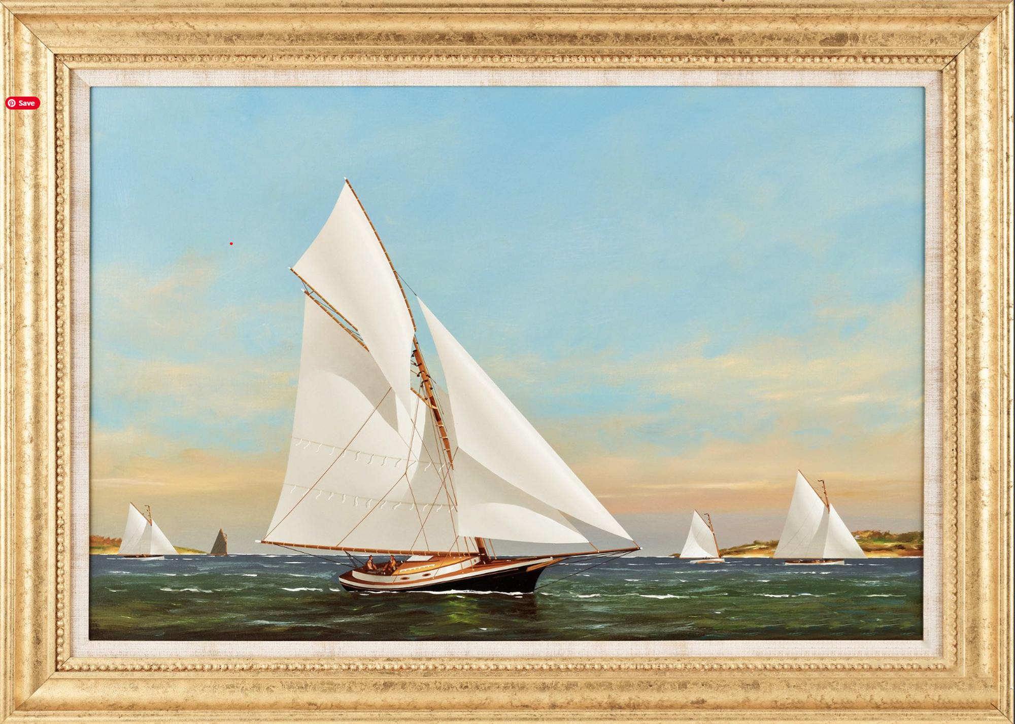 Regate di yacht al largo di Cape Cod,
Vernon Broe (americano 1930-2011), 
olio su tavola

Un bell'esempio di lavoro di Vernon Broe che raffigura una gara di yacht al largo di Cape Cod, nel Massachusetts. Le pitture marine di Marin, come questa, sono