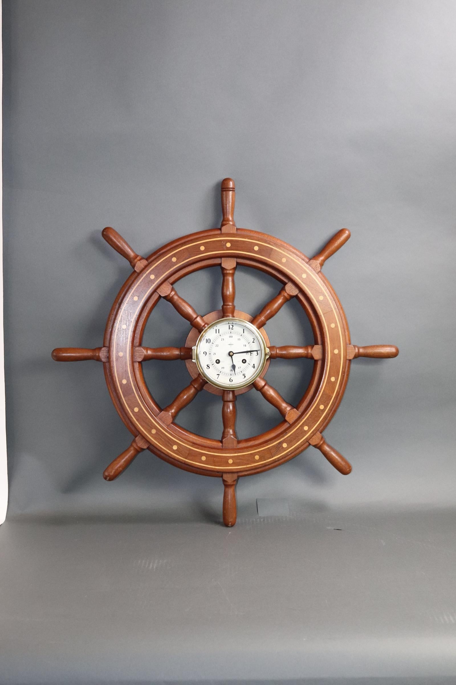 Wood Yacht Wheel with Mounted Ships Clock