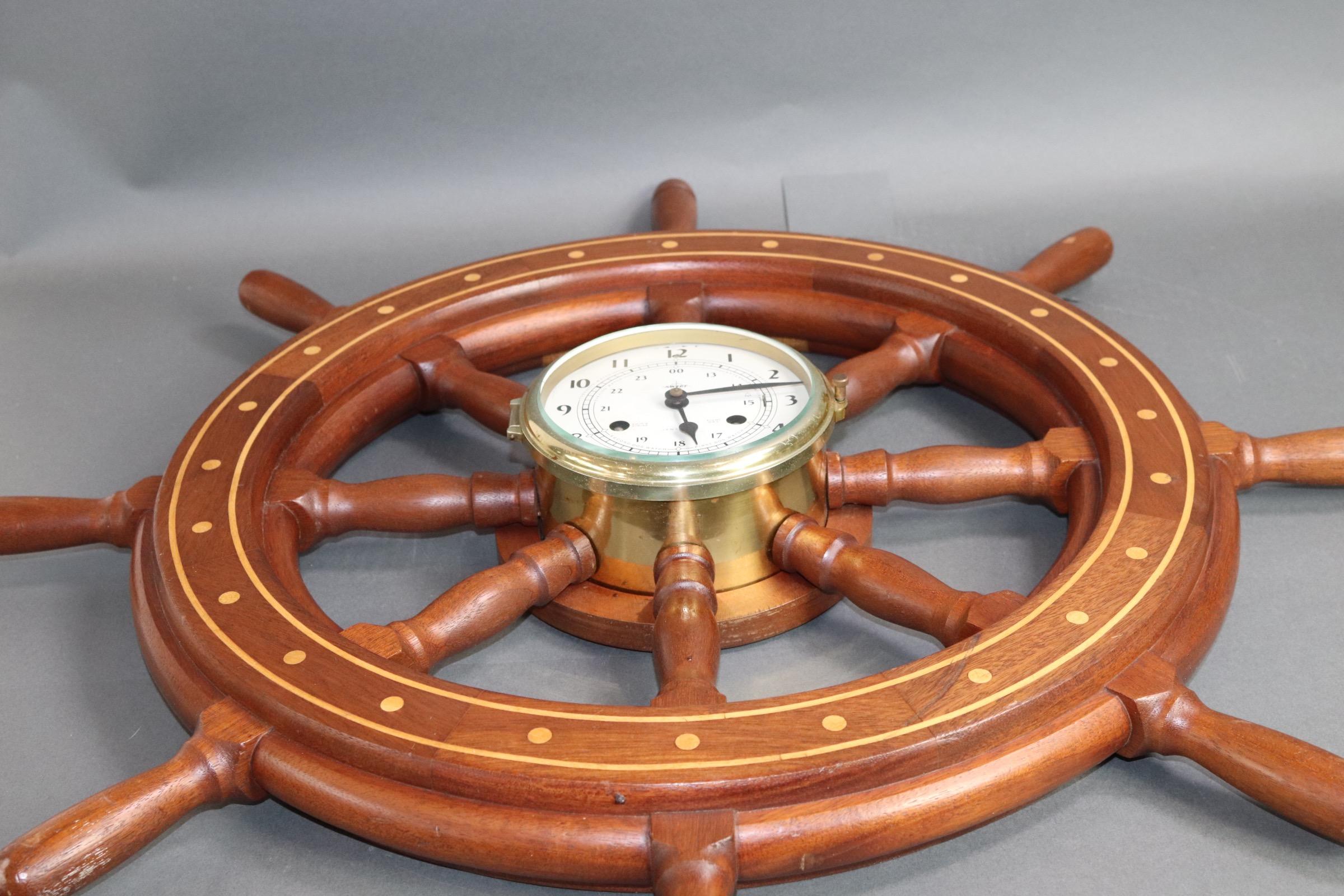 Yacht Wheel with Mounted Ships Clock 1