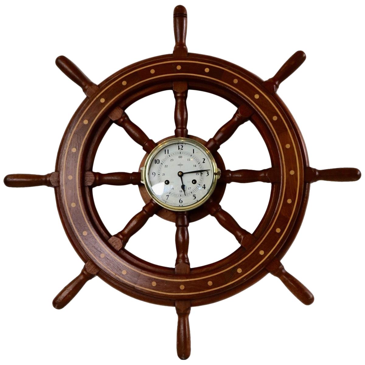 Yacht Wheel with Mounted Ships Clock