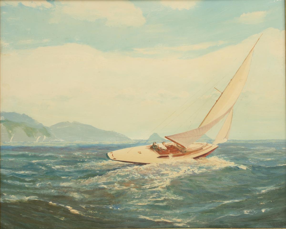 A good breeze, yachting oil painting.
An original signed oil on board painting by John Henry Willis. The yachting, sailing painting depicts a single sailing dingy with cliffs in the distance. There is an original paper label on the back printed
