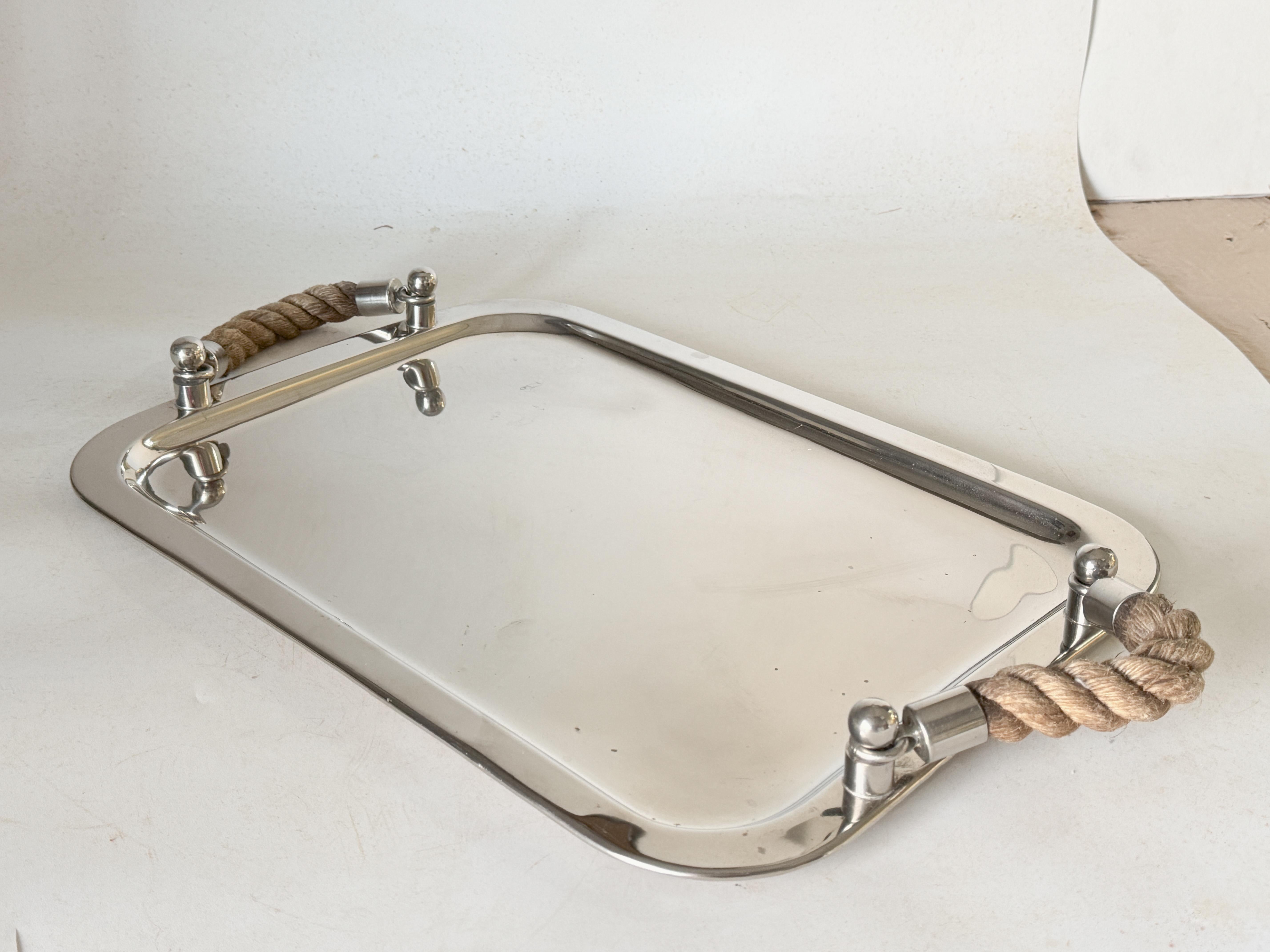 Mid-Century Modern Yachting Serving Tray With Rope Handles High Quality Chrome Silver Color 1970 For Sale