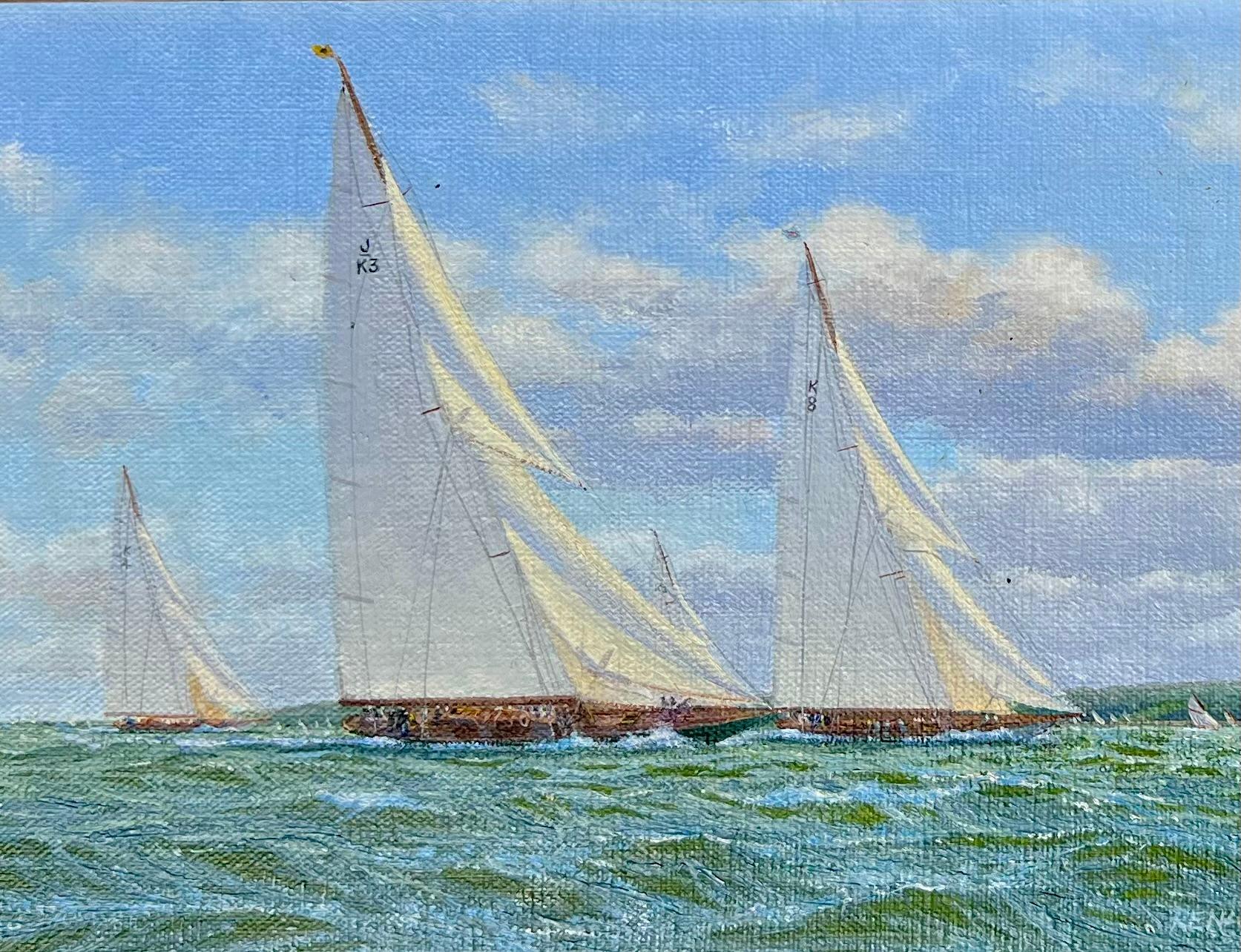 Yachts racing off the English coast. 
Oil on artist panel, signed lower right. 
Renard was born in Huddersfield, England in 1947. Although he was interested in art and clearly gifted artistically from an early age, he chose to go to teachers