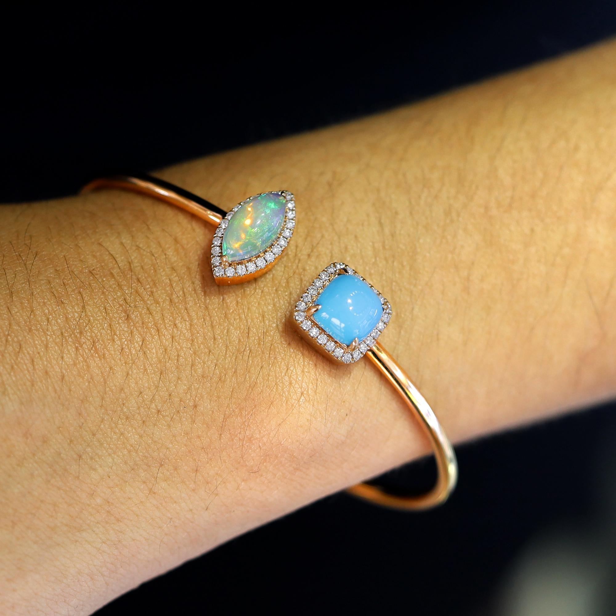 YAEL Designs 4 Karat TW Opal Türkis Diamant 18k Rose Gold Armreif (Cabochon) im Angebot