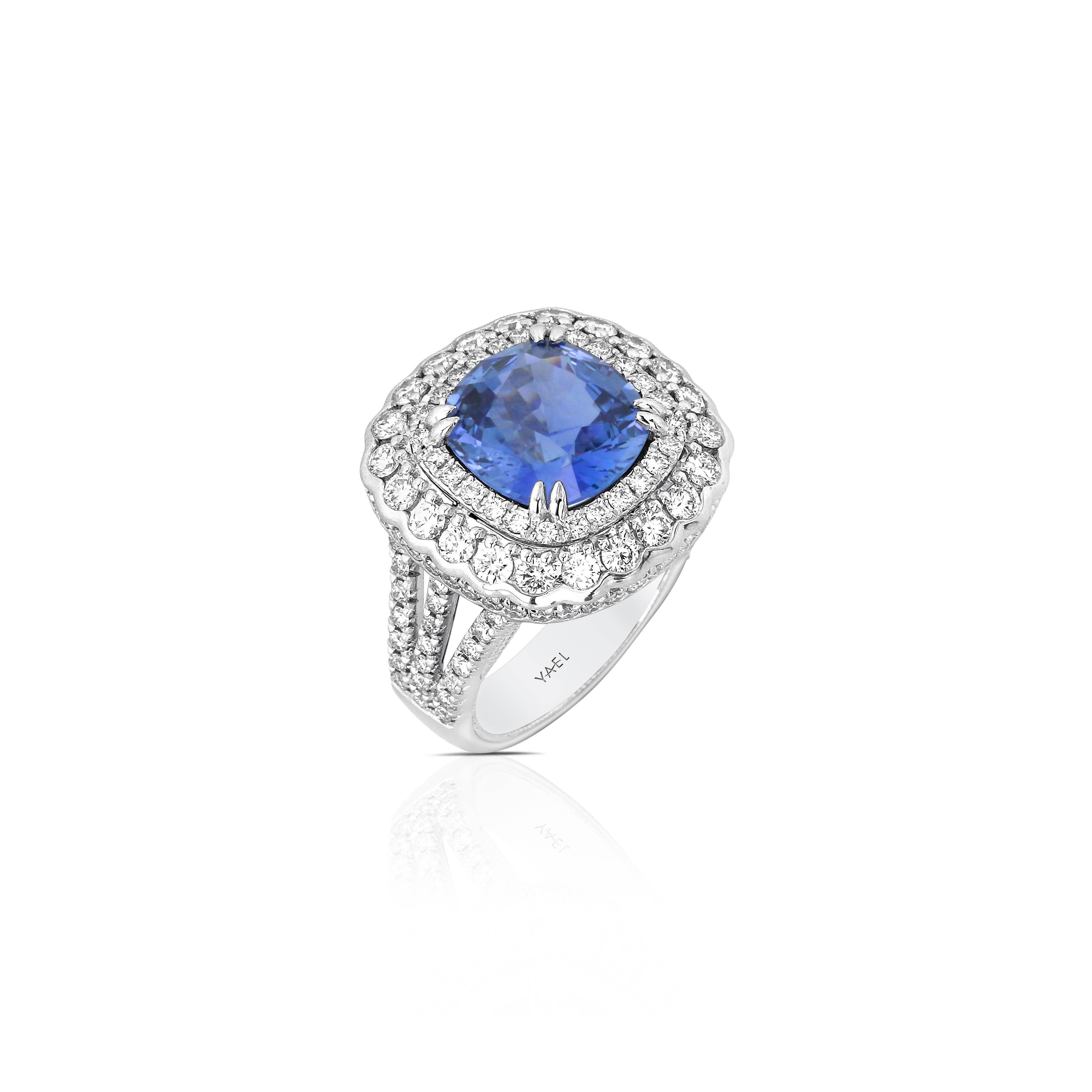 Contemporary Yael Designs 5.92 carat GRS Cert Cushion Blue Sapphire Diamond Platinum Ring For Sale