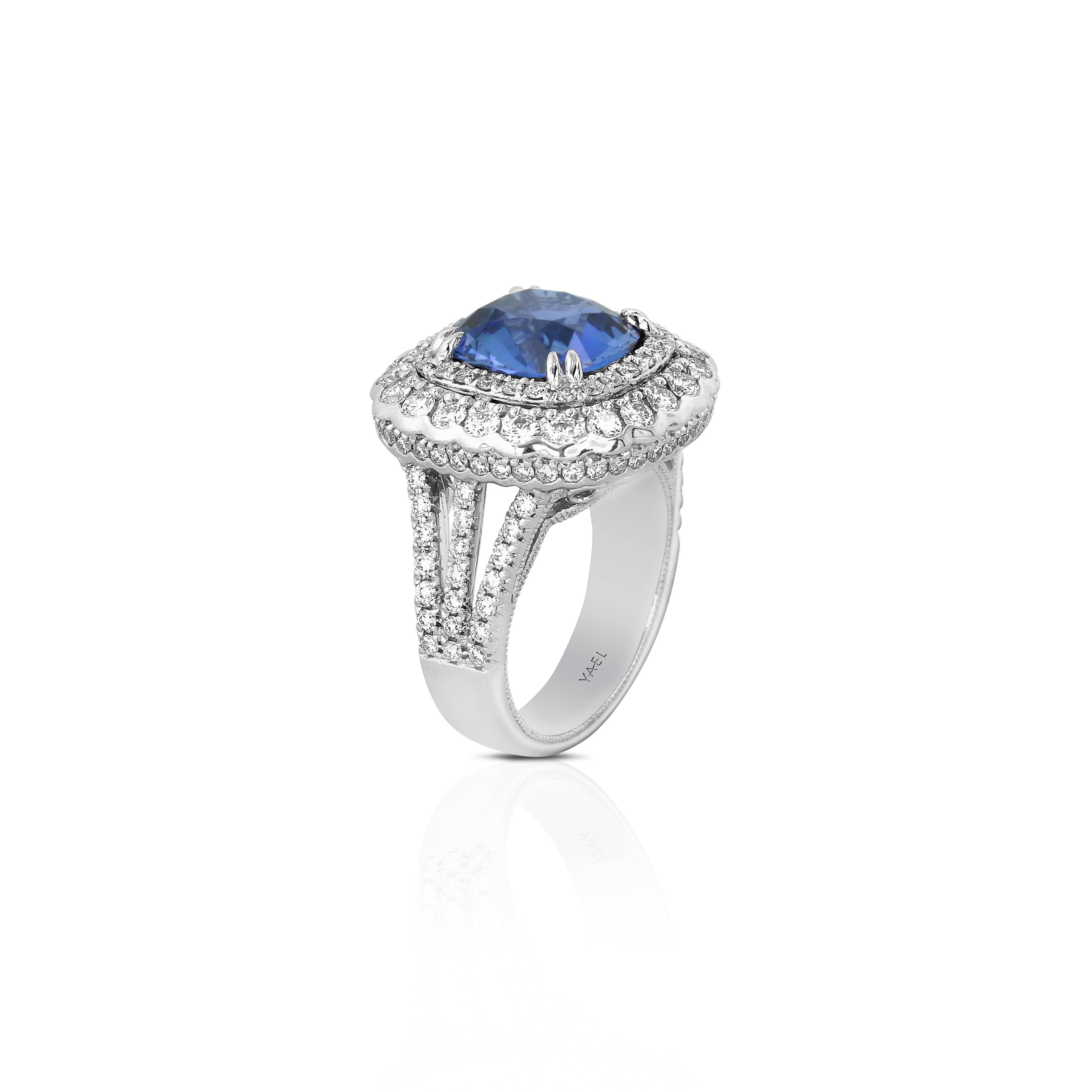 Cushion Cut Yael Designs 5.92 carat GRS Cert Cushion Blue Sapphire Diamond Platinum Ring For Sale