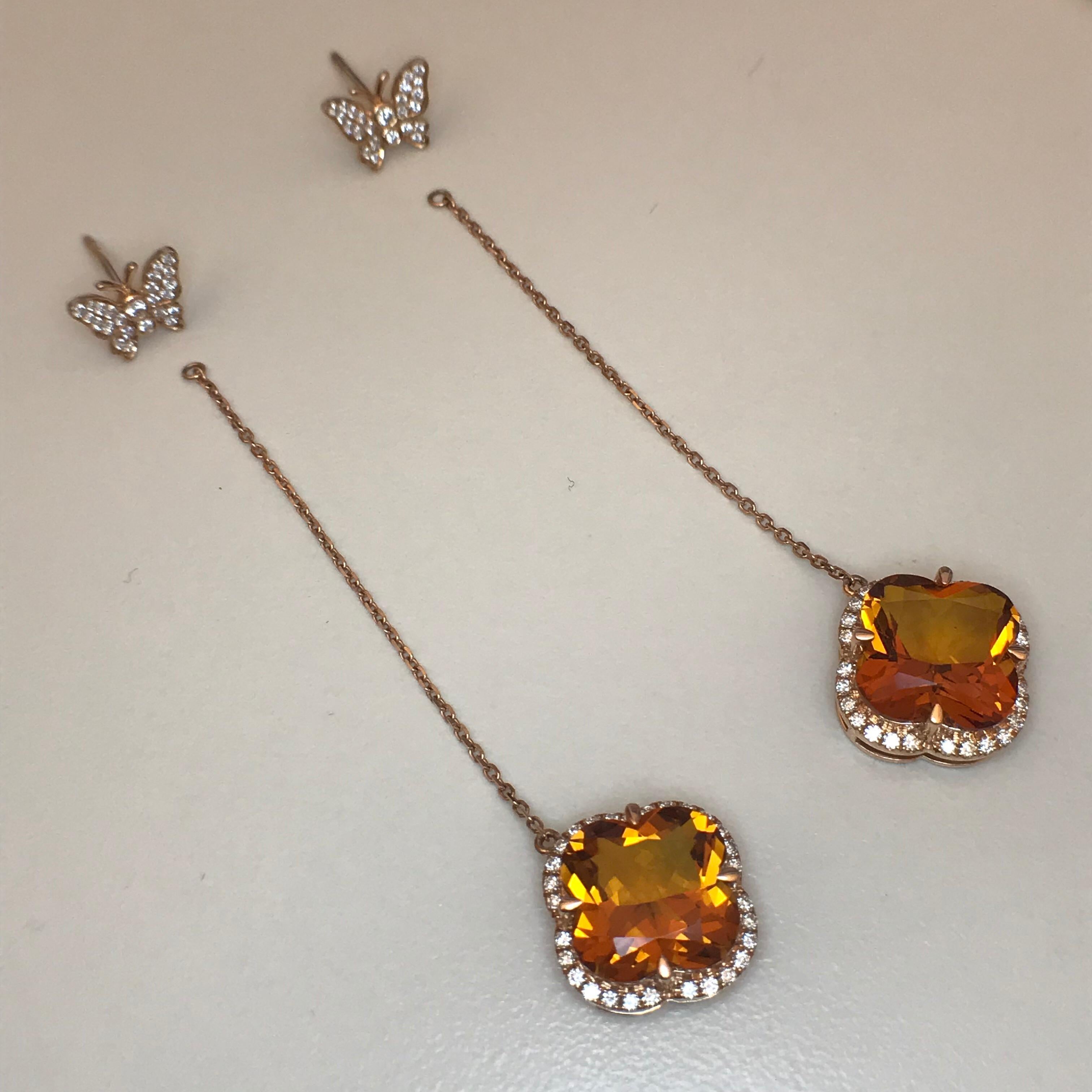 Yael Designs Clover-Cut Madeira Citrine and Diamond Butterfly Earrings For Sale 2