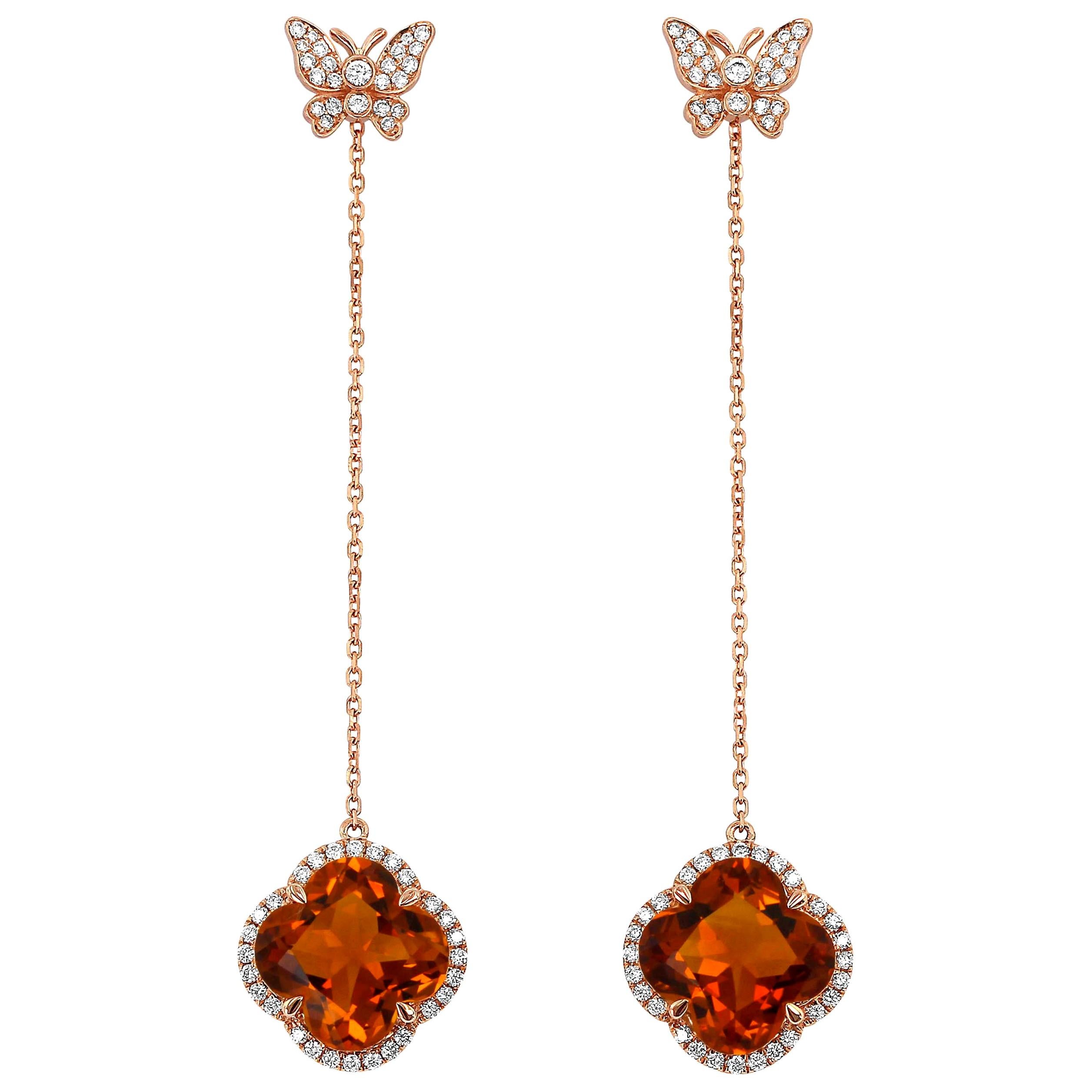 Yael Designs Clover-Cut Madeira Citrine and Diamond Butterfly Earrings For Sale