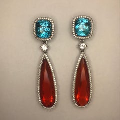 Fire Opal Blue Zircon Diamond and White Gold Drop Earrings