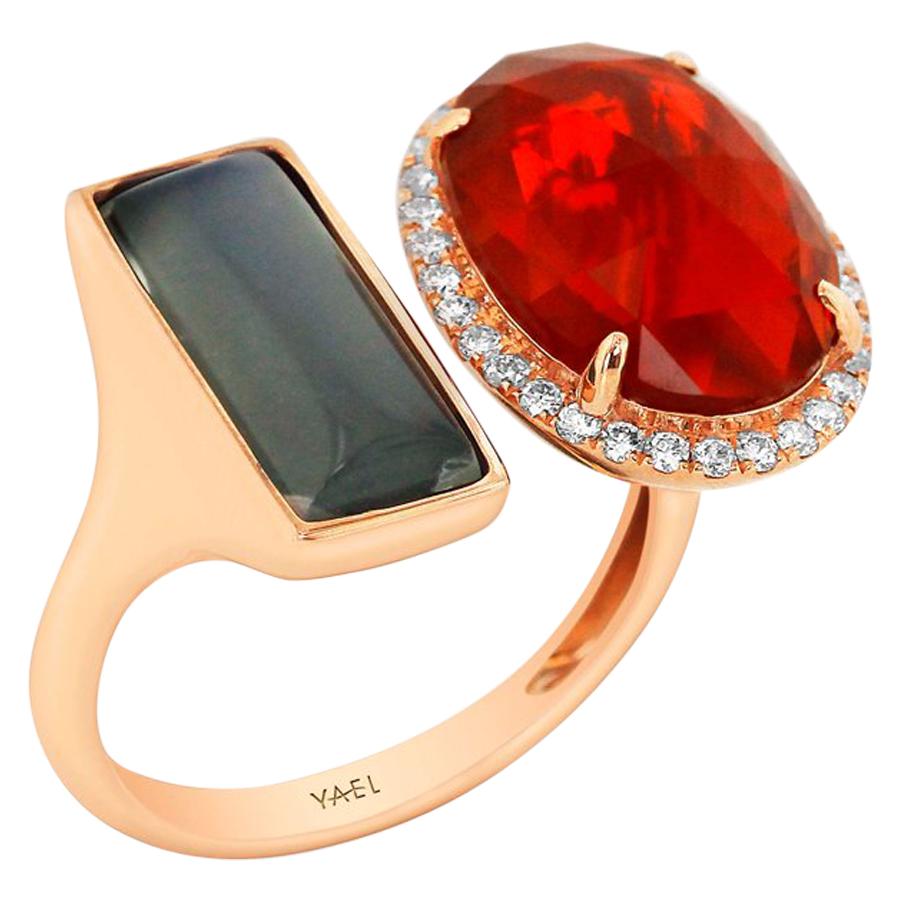 Yael Designs Fire Opal Moonstone Diamond and Rose Gold Ring