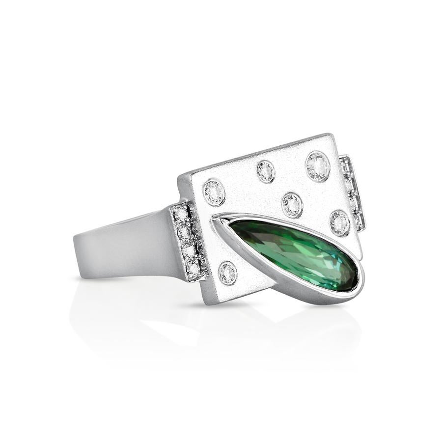 Pear Cut Yael Designs Green Tourmaline Diamond and White Gold Ring For Sale