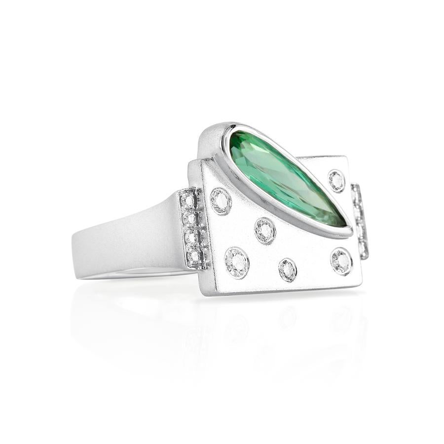 Yael Designs Green Tourmaline Diamond and White Gold Ring In New Condition For Sale In San Francisco, CA