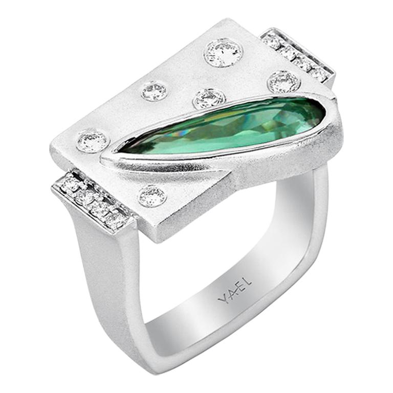 Yael Designs Green Tourmaline Diamond and White Gold Ring For Sale