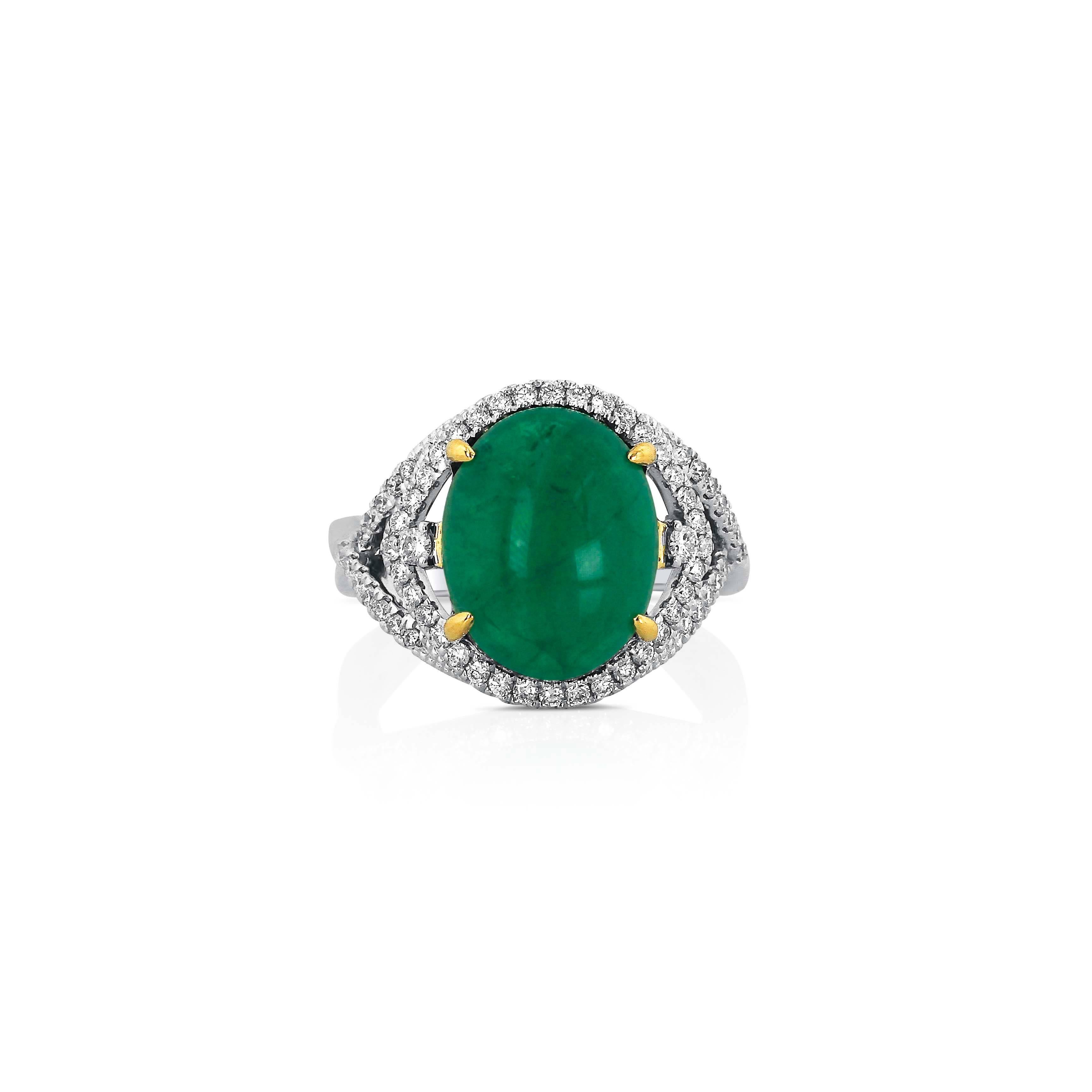 Contemporary Yael Designs Oval Cabochon Emerald Diamond Gold Ring For Sale
