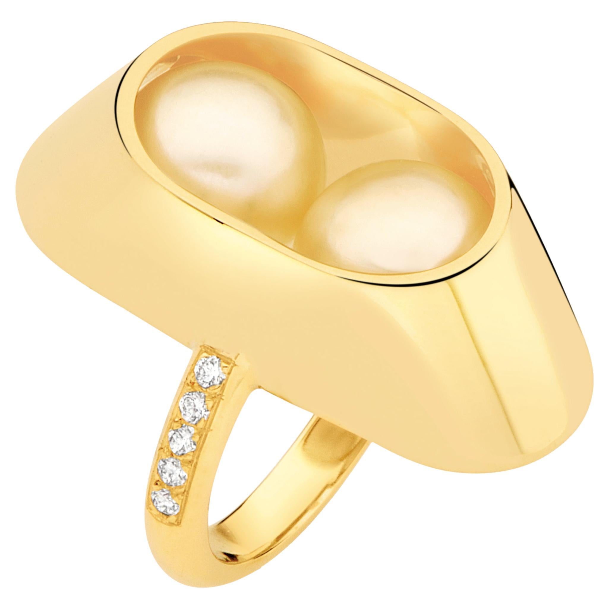 Yael Sonia's 18 Karat Yellow Gold, Diamonds, South Sea Pearls Cocoon Large Ring For Sale