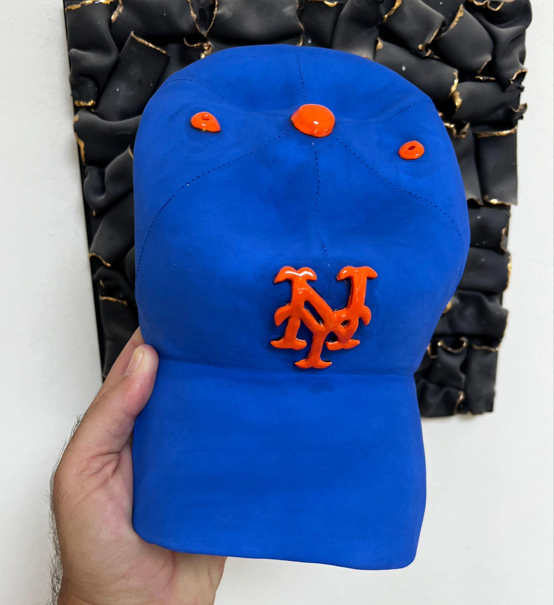 Ceramic NY Mets cap sculpture - figurative sculpture, pop sculpture - Gray Still-Life Sculpture by Yael Yanay