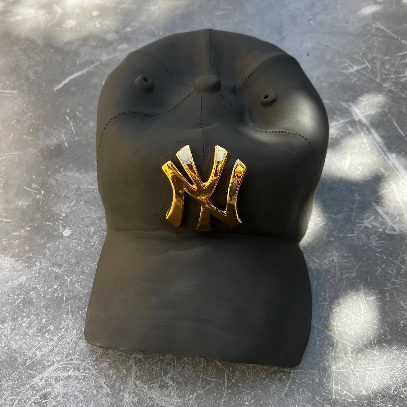 Ceramic NY Yankees cap sculpture (golden) - figurative sculpture, pop sculpture - Pop Art Sculpture by Yael Yanay