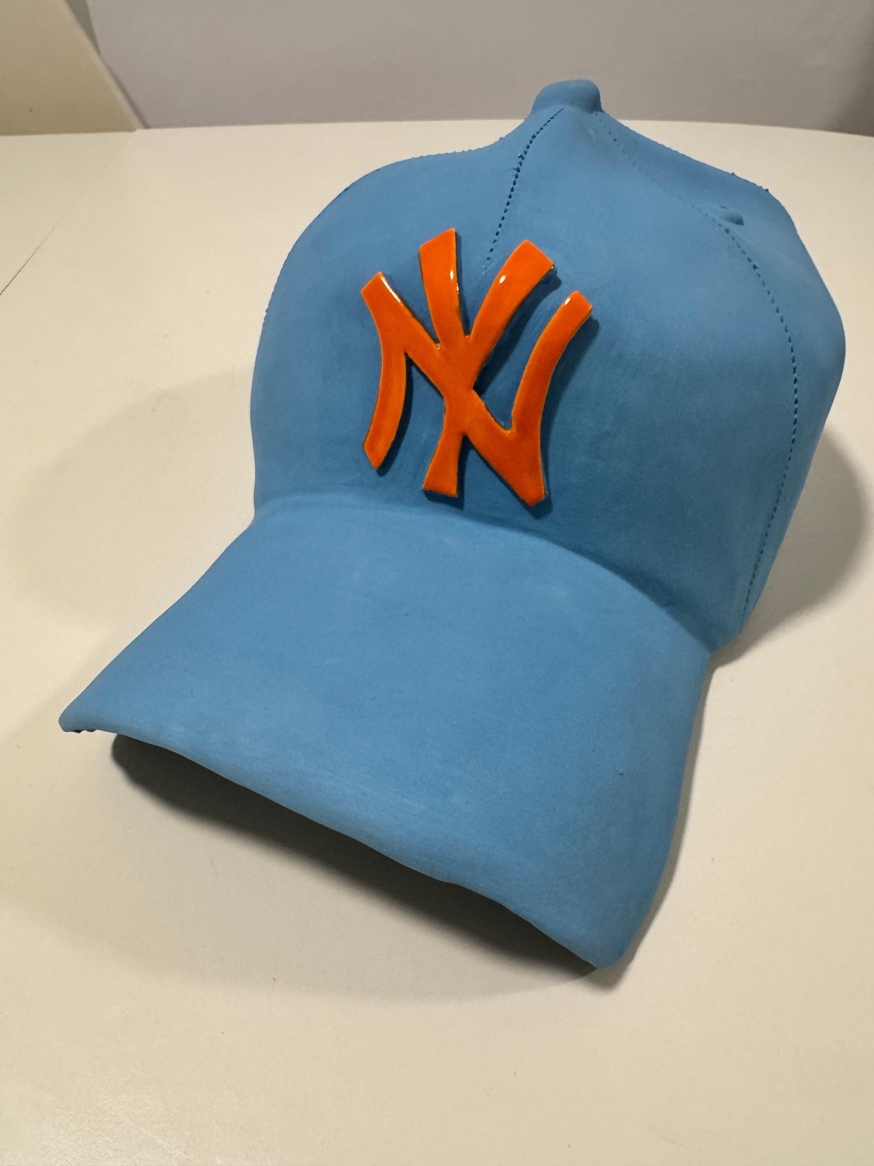 Ceramic NY Yankees cap sculpture (orange turquoise) - figurative sculpture