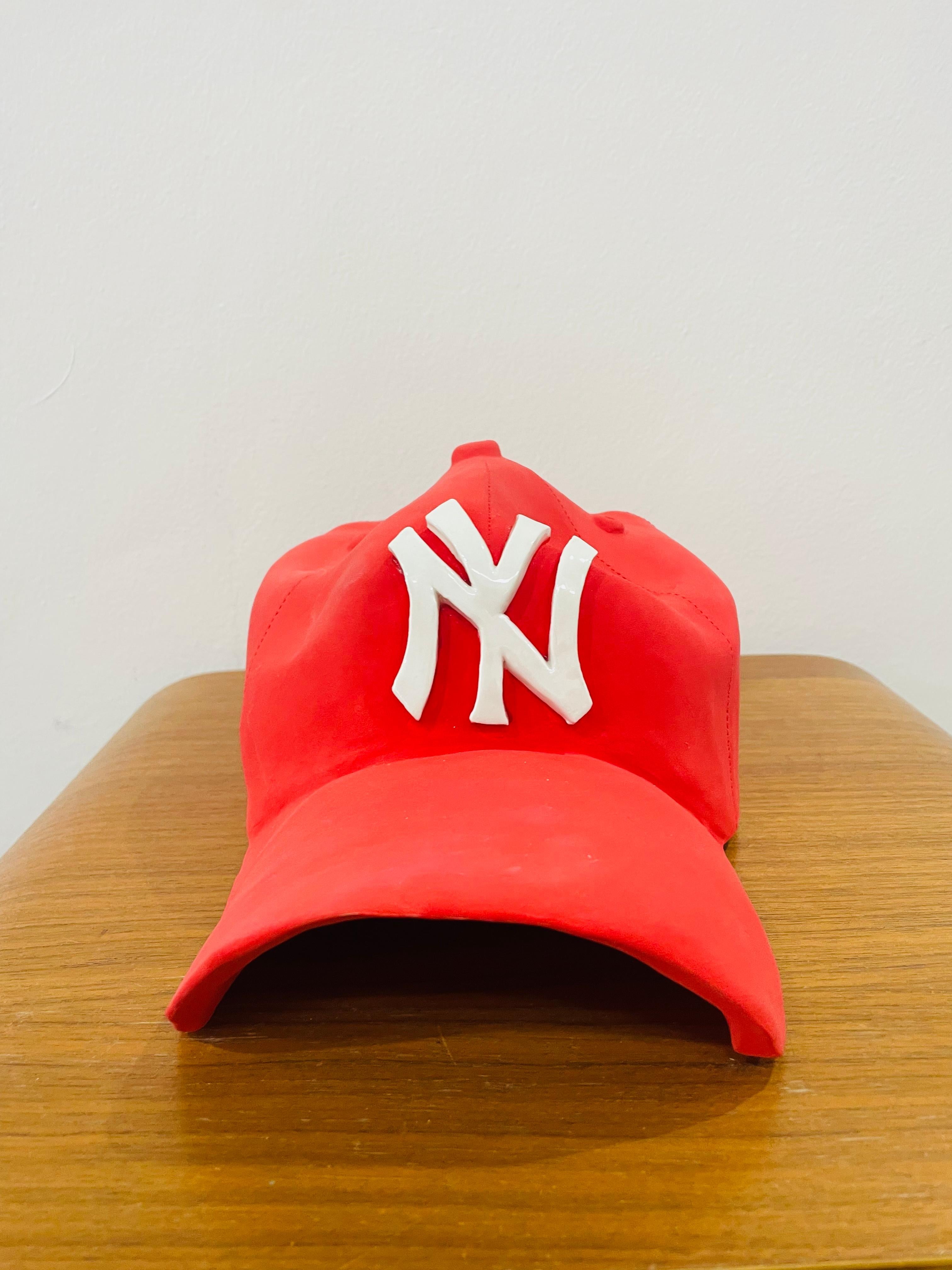 NY Yankees ceramic cap sculpture (red) - figurative sculpture - Gray Figurative Sculpture by Yael Yanay