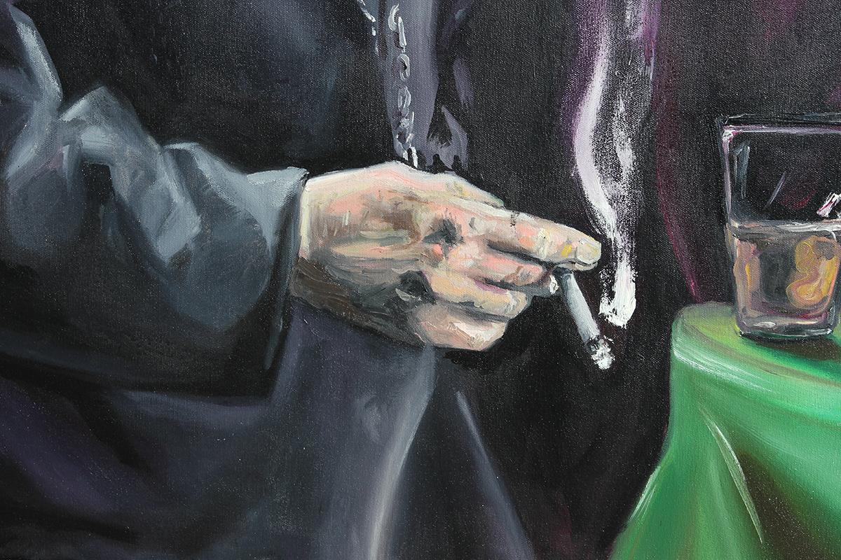 Portrait réaliste en noir, prune et vert par l'artiste YAG de Houston, TX. Ce portrait représente Cillian Murphy, alias Thomas K. dans la célèbre série dramatique britannique Peaky Blinders. Signé par l'artiste en bas à droite. Encadré dans un cadre