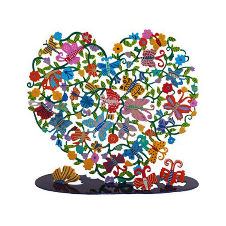 Yair Emanuel Figurative Sculpture - Multi color painted Heart stand sculpture with butterflies. Signed by artist 2/2