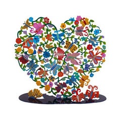Multi color painted Heart stand sculpture with butterflies. Signed by artist.